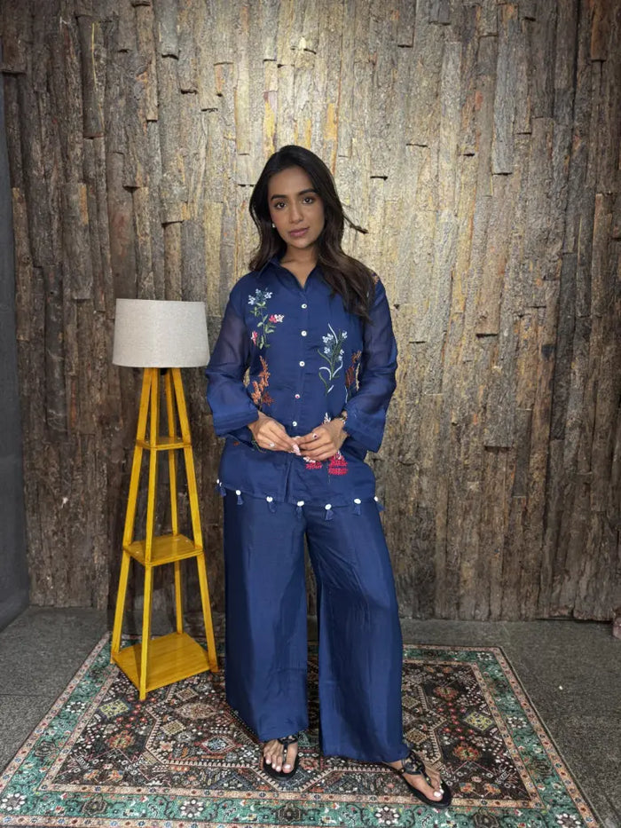 Navy Blue Mul Chanderi Loose Fit Co-ord Set for Women