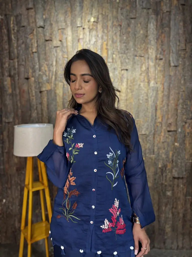 Side drape and silhouette of navy blue co-ord set — Navy Blue Co-ord Set