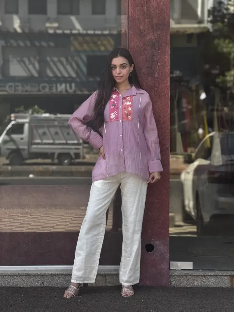 Close-up view — Purple Mul Chanderi Co-Ord Set
