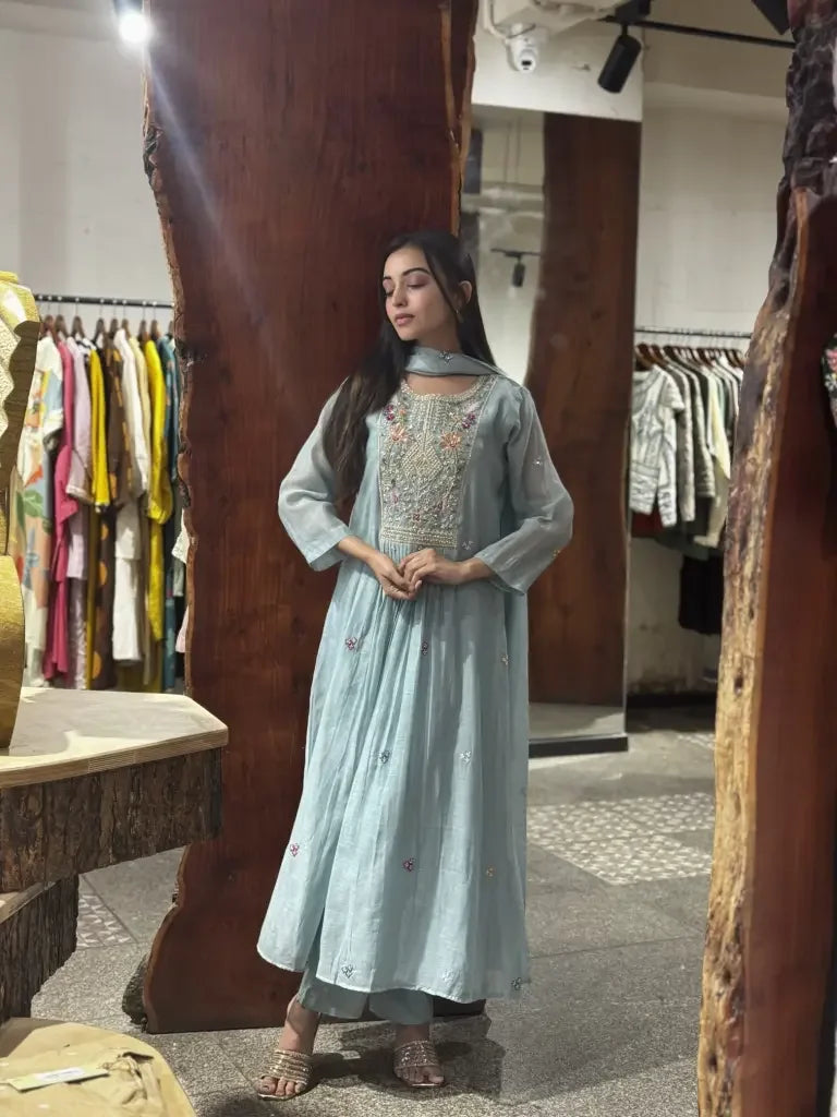 Sky Blue Mul Chanderi Kurta Set for Women | Ethonique