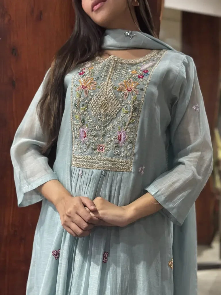 Full outfit view — Sky Blue Mul Chanderi Kurta Set
