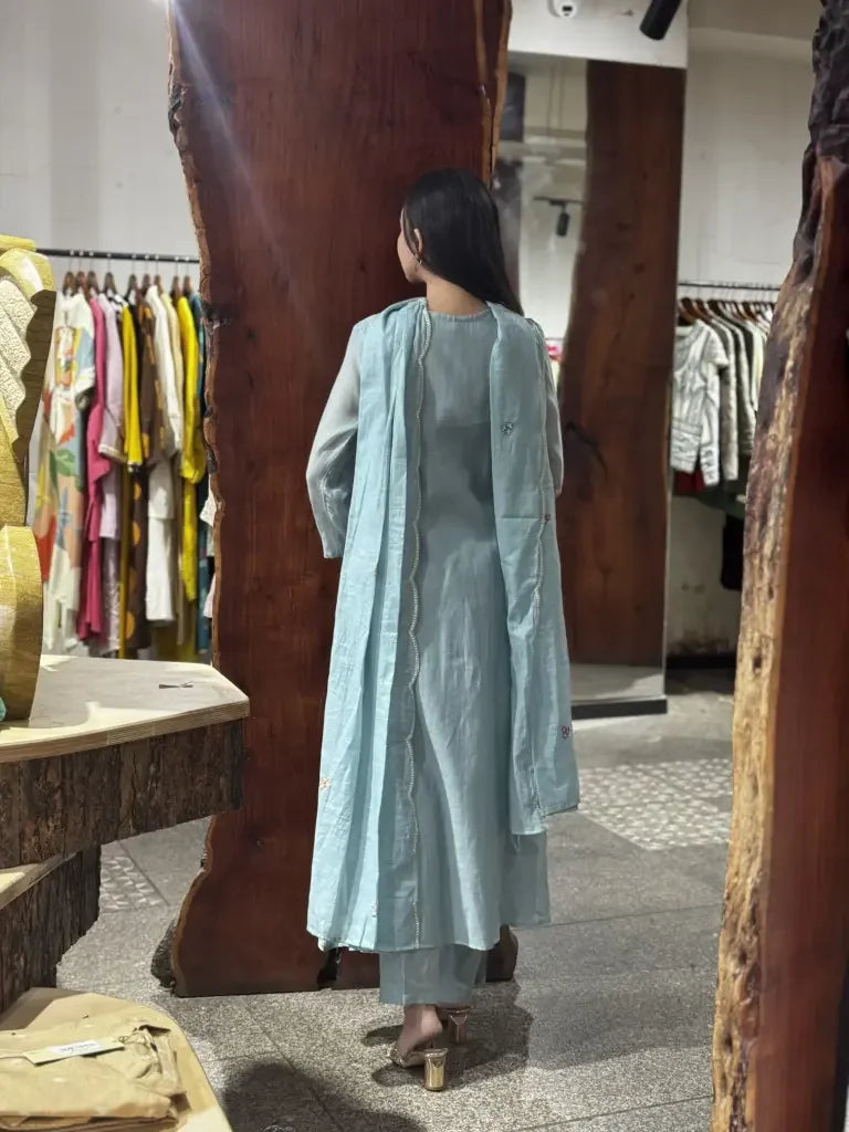 Detail view — Sky Blue Mul Chanderi Kurta Set