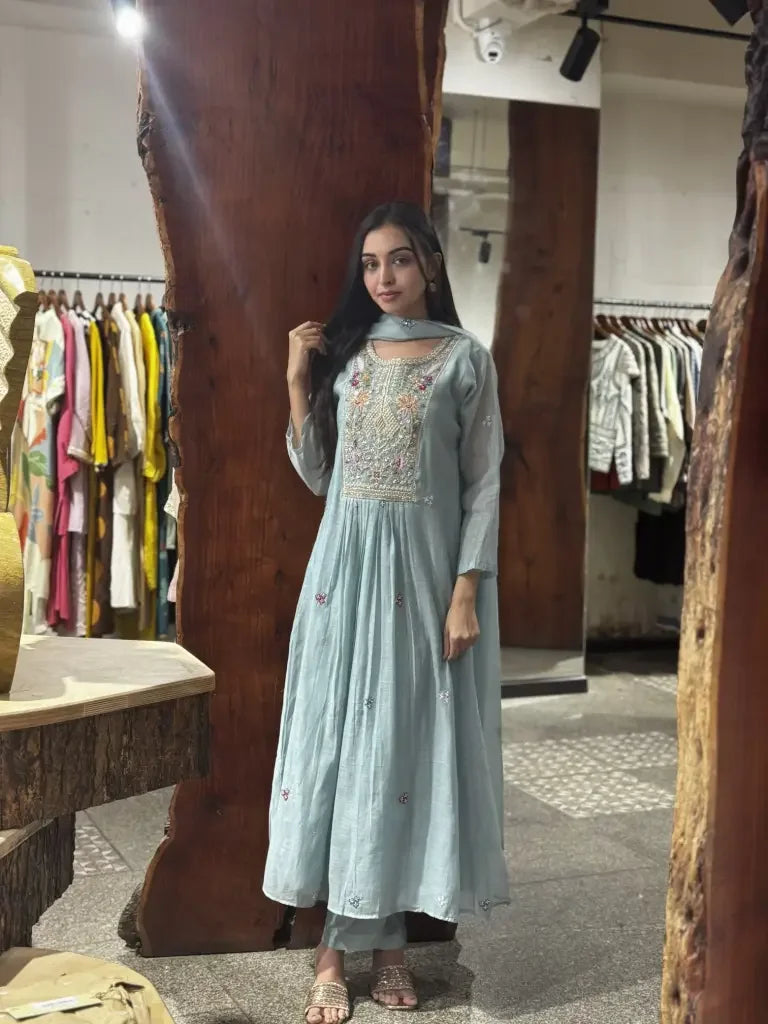 Back view — Sky Blue Mul Chanderi Kurta Set