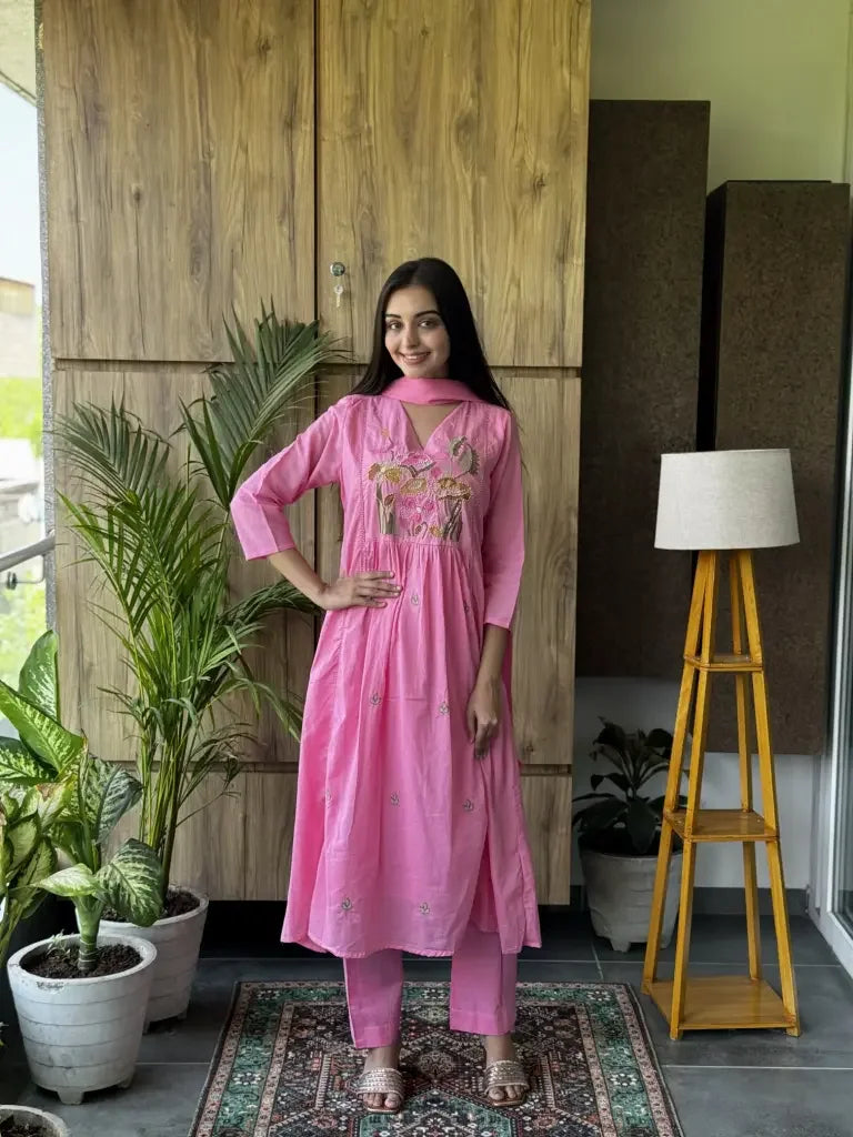 Pink Cotton Kurta Set for Women | Ethonique