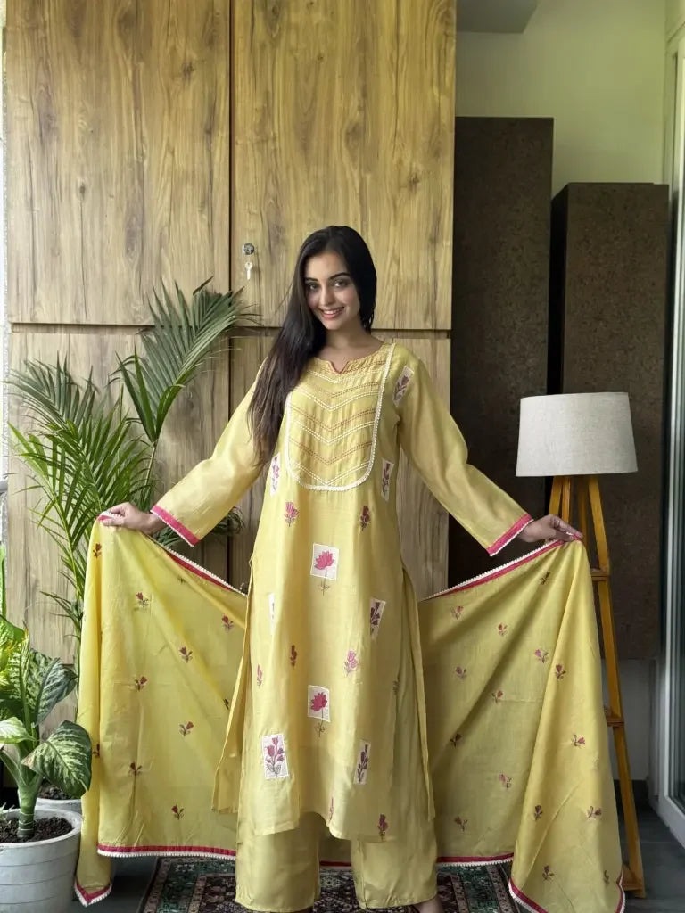 Lime Yellow Mul Chanderi Kurta Set for Women | Ethonique
