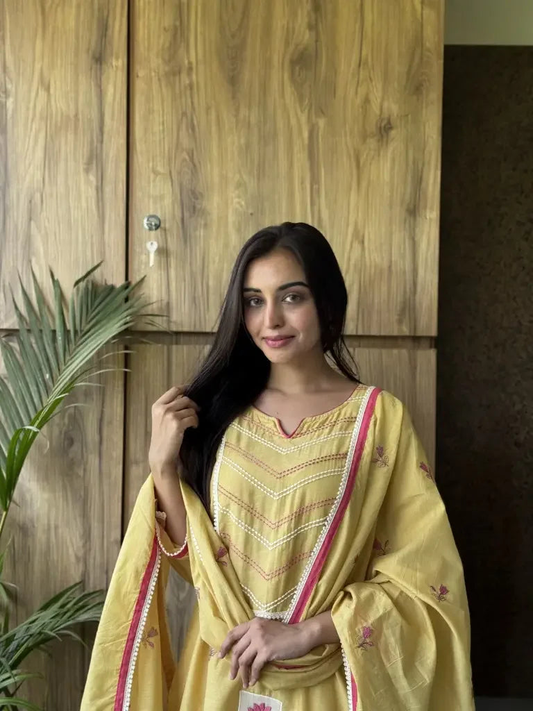 Full outfit view — Lime Yellow Mul Chanderi Kurta Set