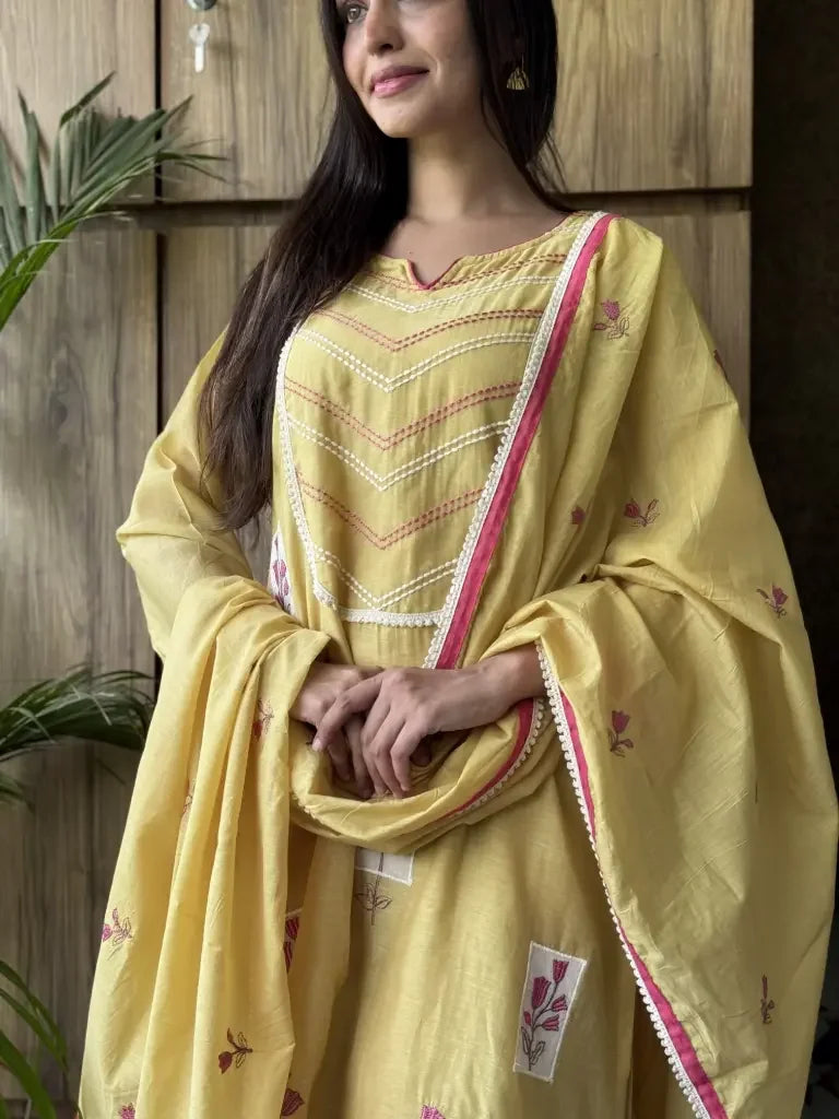 Side view — Lime Yellow Mul Chanderi Kurta Set