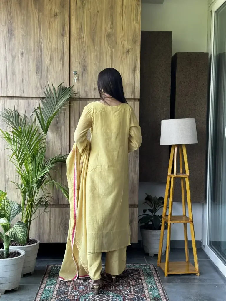 Back view — Lime Yellow Mul Chanderi Kurta Set