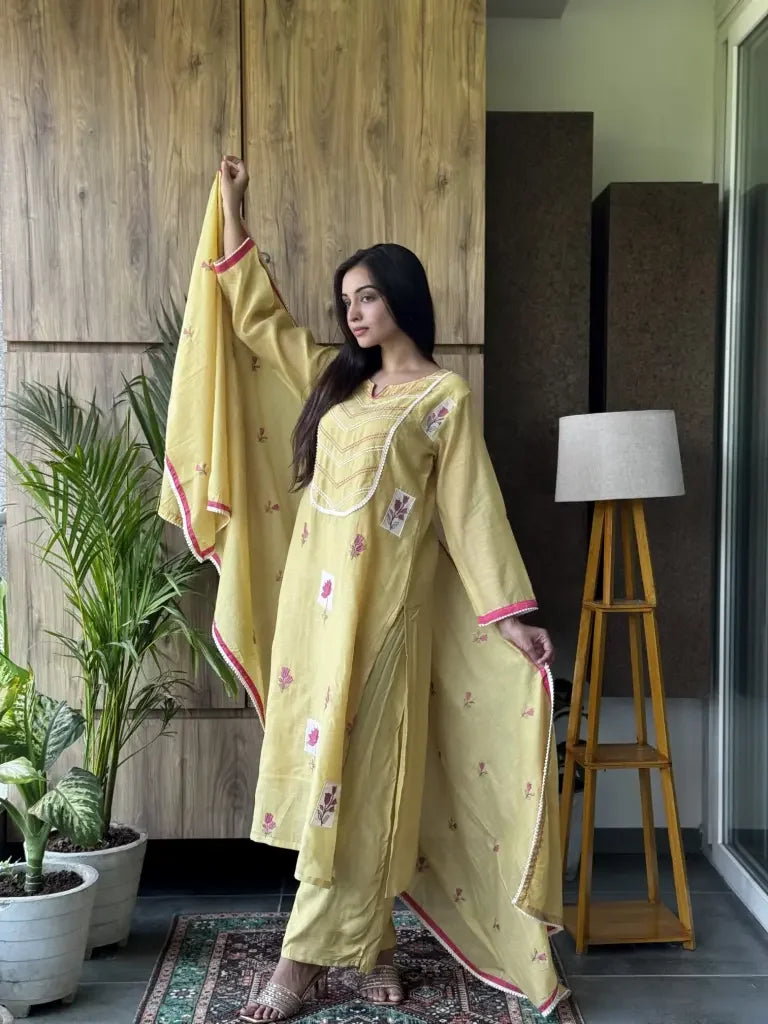 Close-up view — Lime Yellow Mul Chanderi Kurta Set