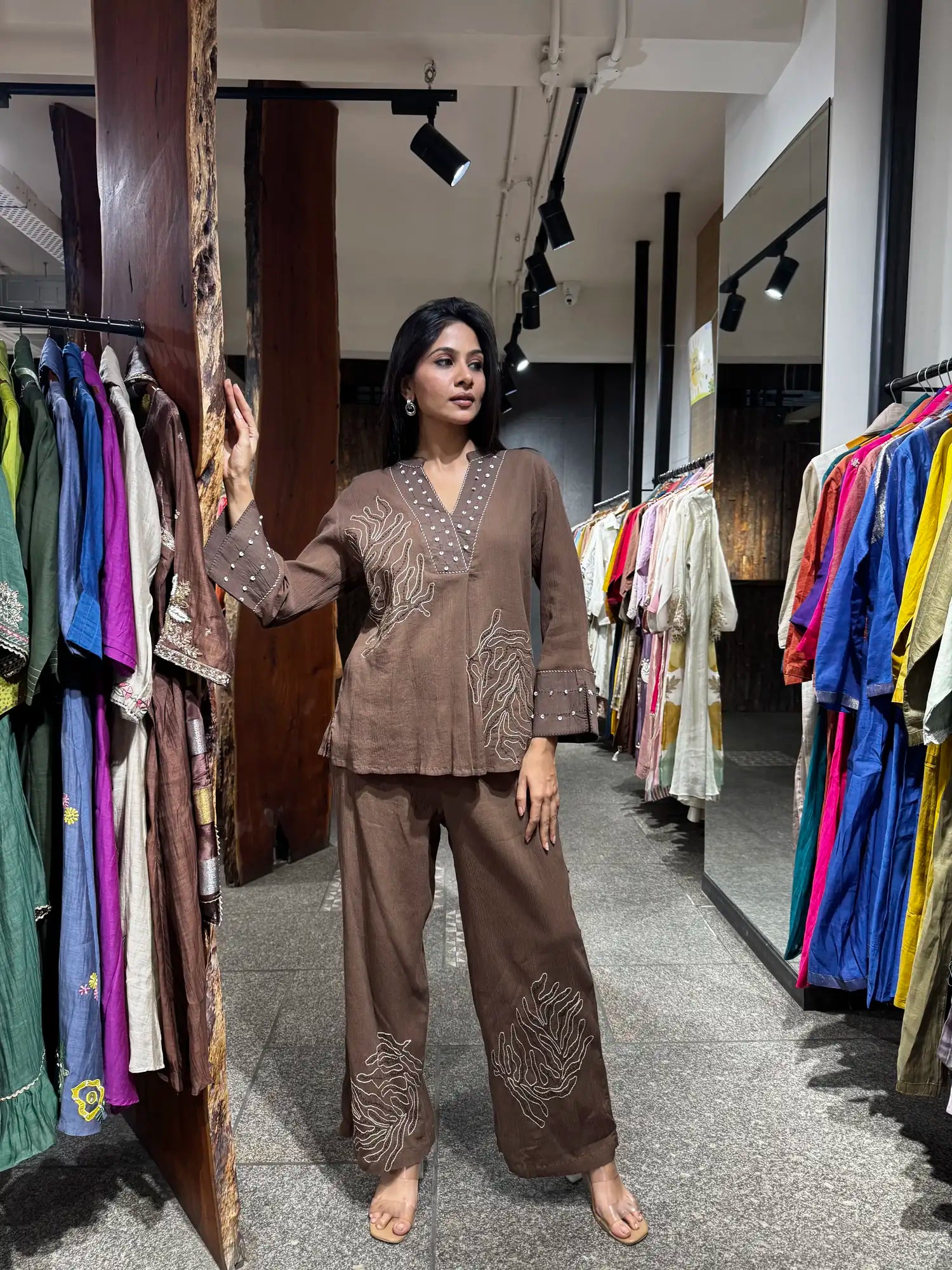 Full outfit view — Brown Cotton Co-Ord Set