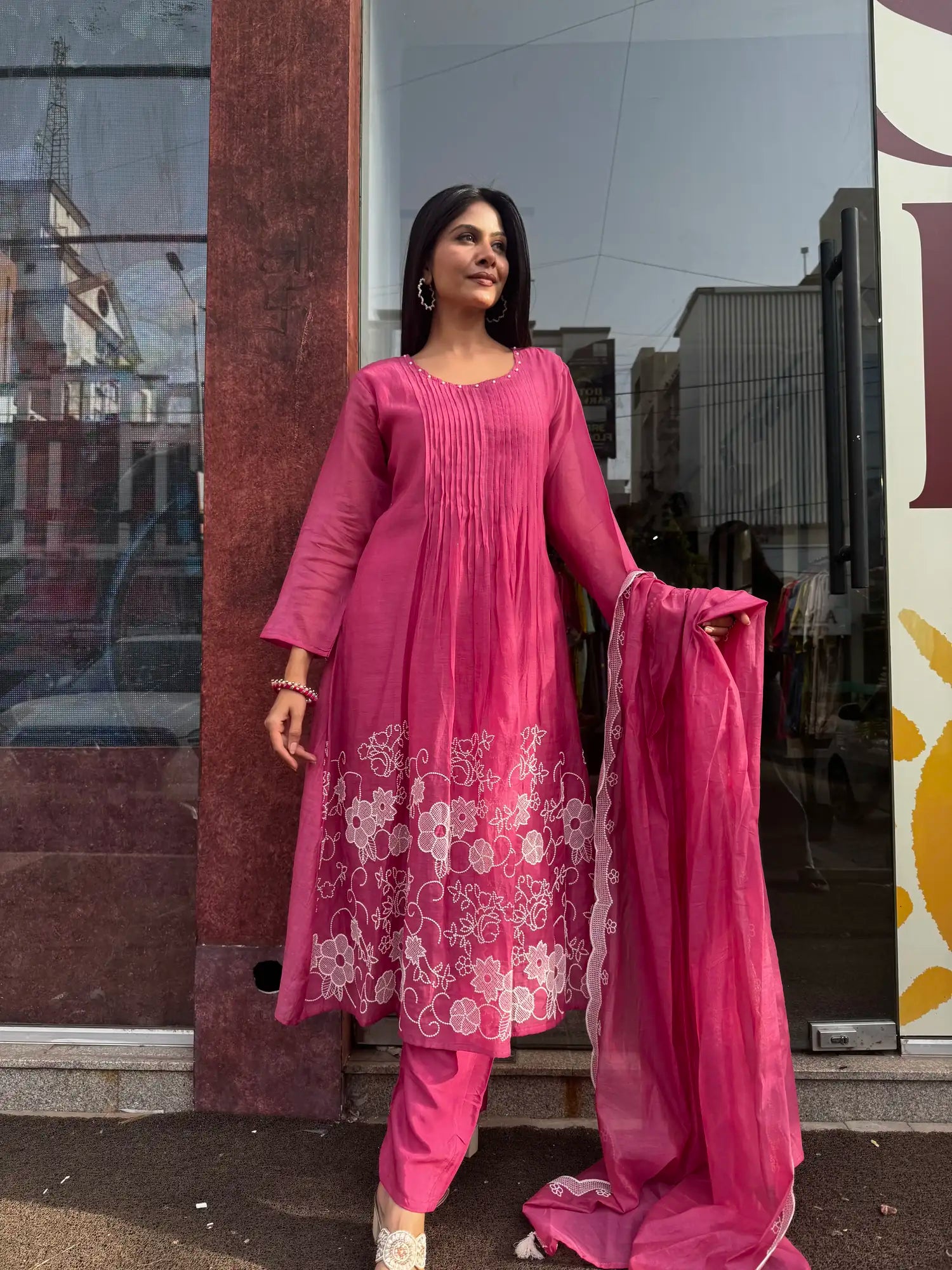 Rani Pink Mul Chanderi Kurta Set for Women | Ethonique