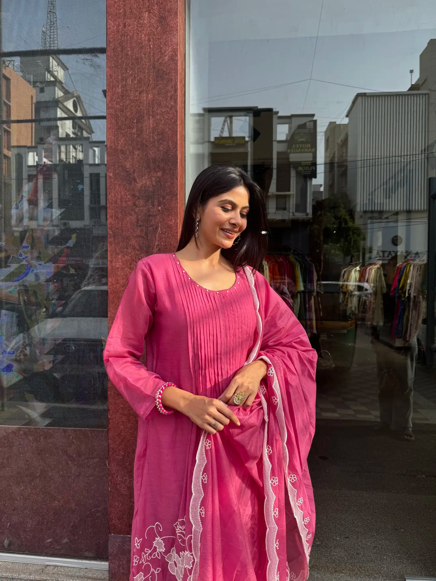 Full outfit view — Rani Pink Mul Chanderi Kurta Set