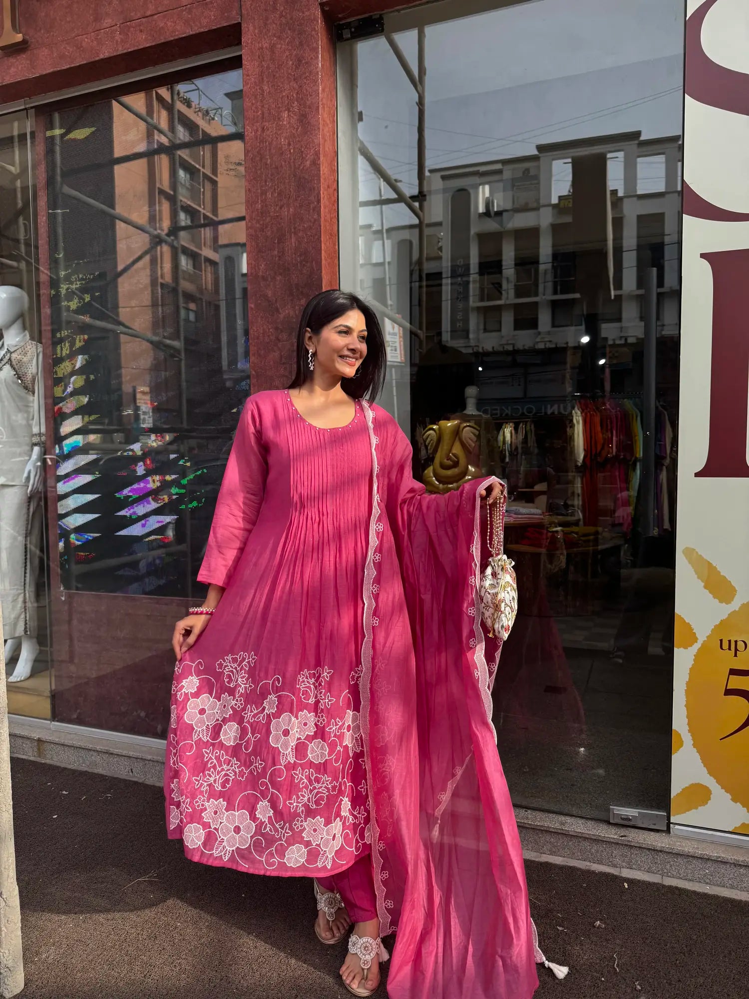 Back view — Rani Pink Mul Chanderi Kurta Set