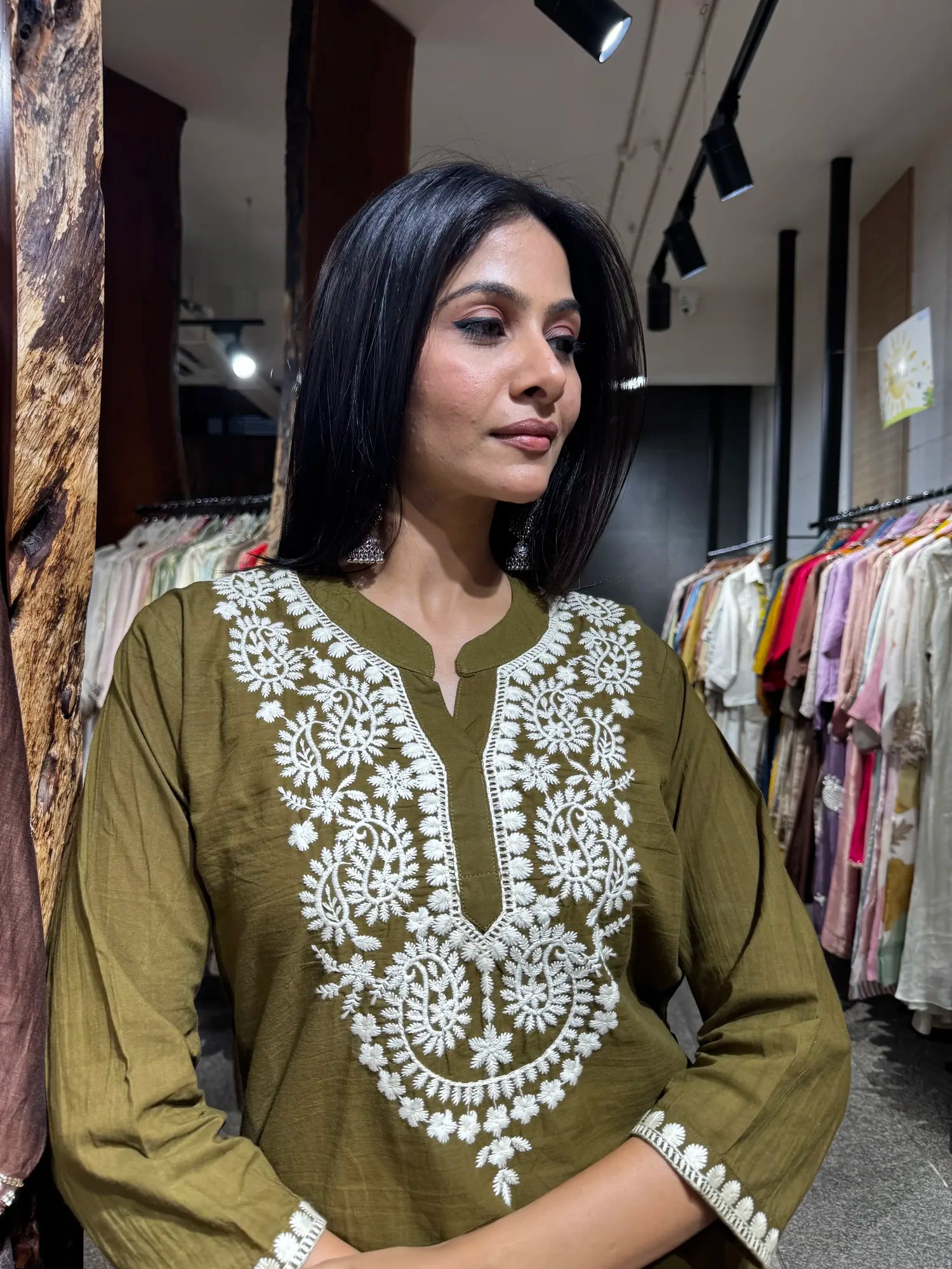 Full outfit view — Mehendi Mul Cotton Kurta Set