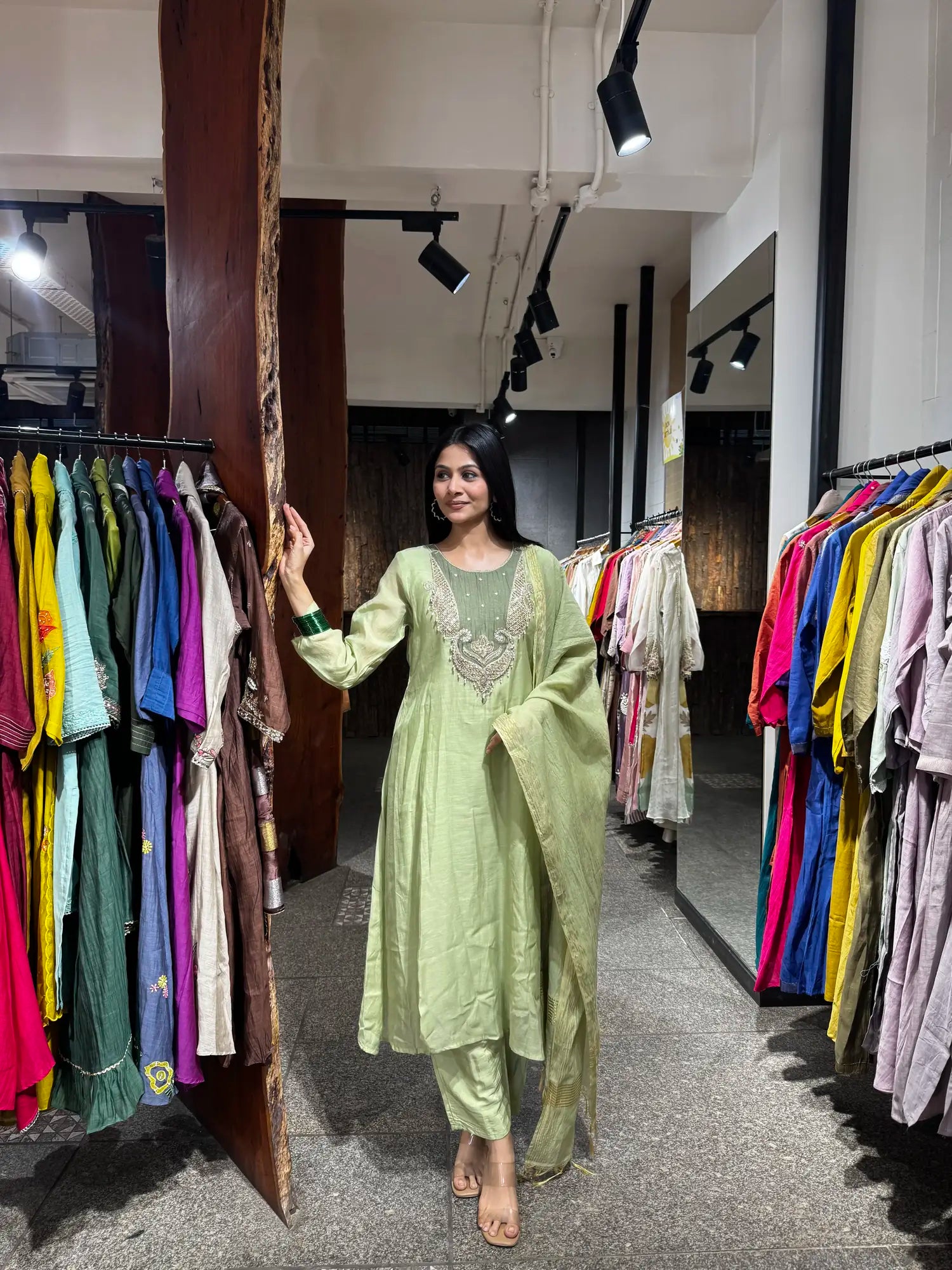 Side view — Pista Green Mul Chanderi Kurta Set