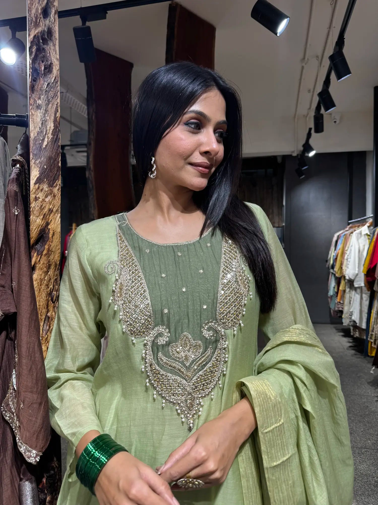 Full outfit view — Pista Green Mul Chanderi Kurta Set