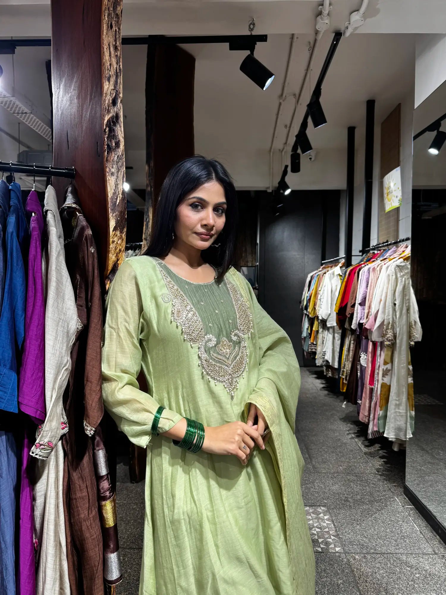 Detail view — Pista Green Mul Chanderi Kurta Set