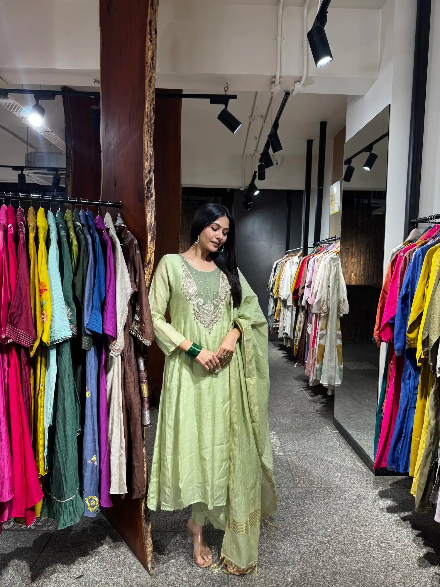 Back view — Pista Green Mul Chanderi Kurta Set