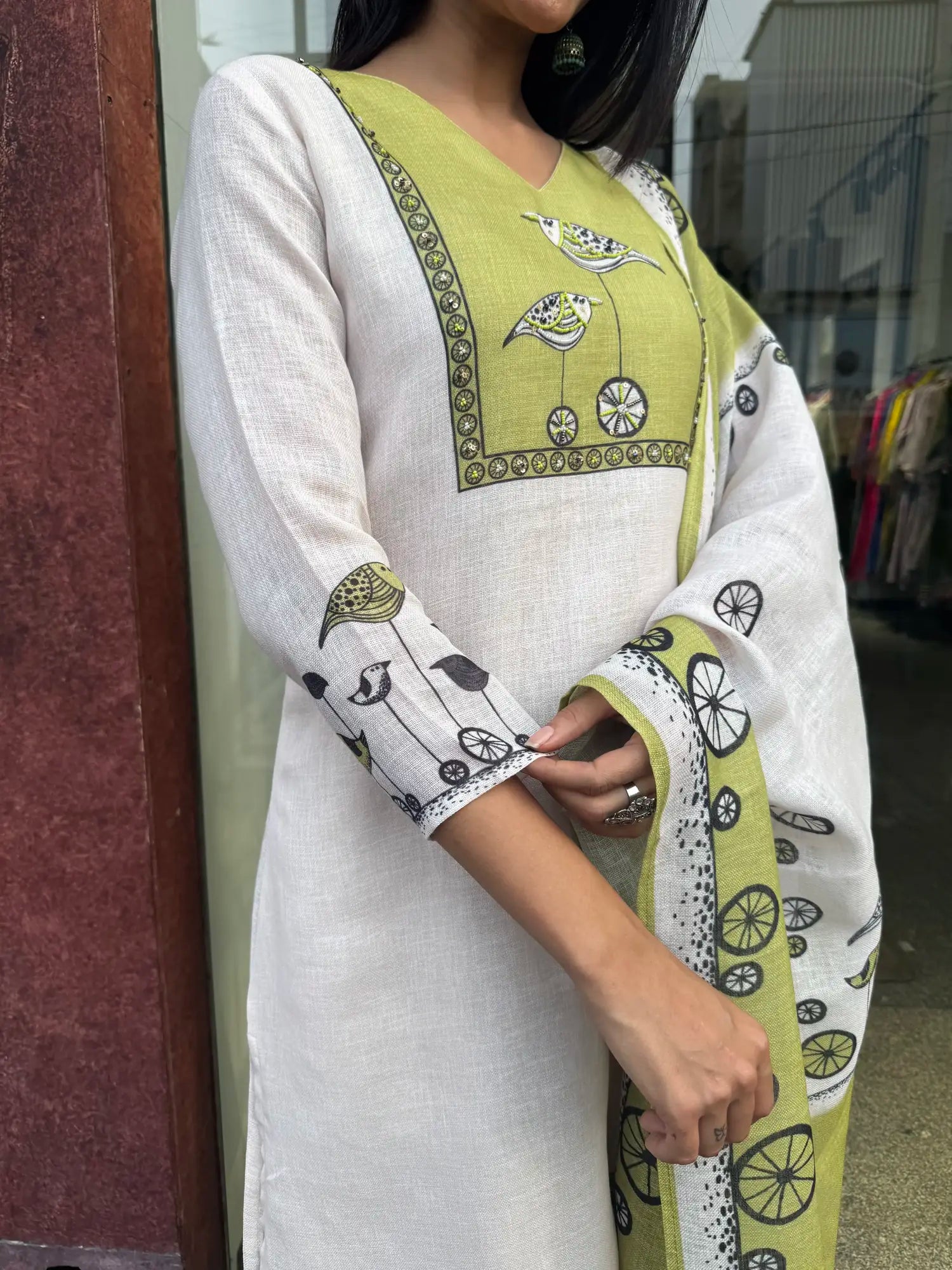 Full outfit view — Off White Linen Kurta Set
