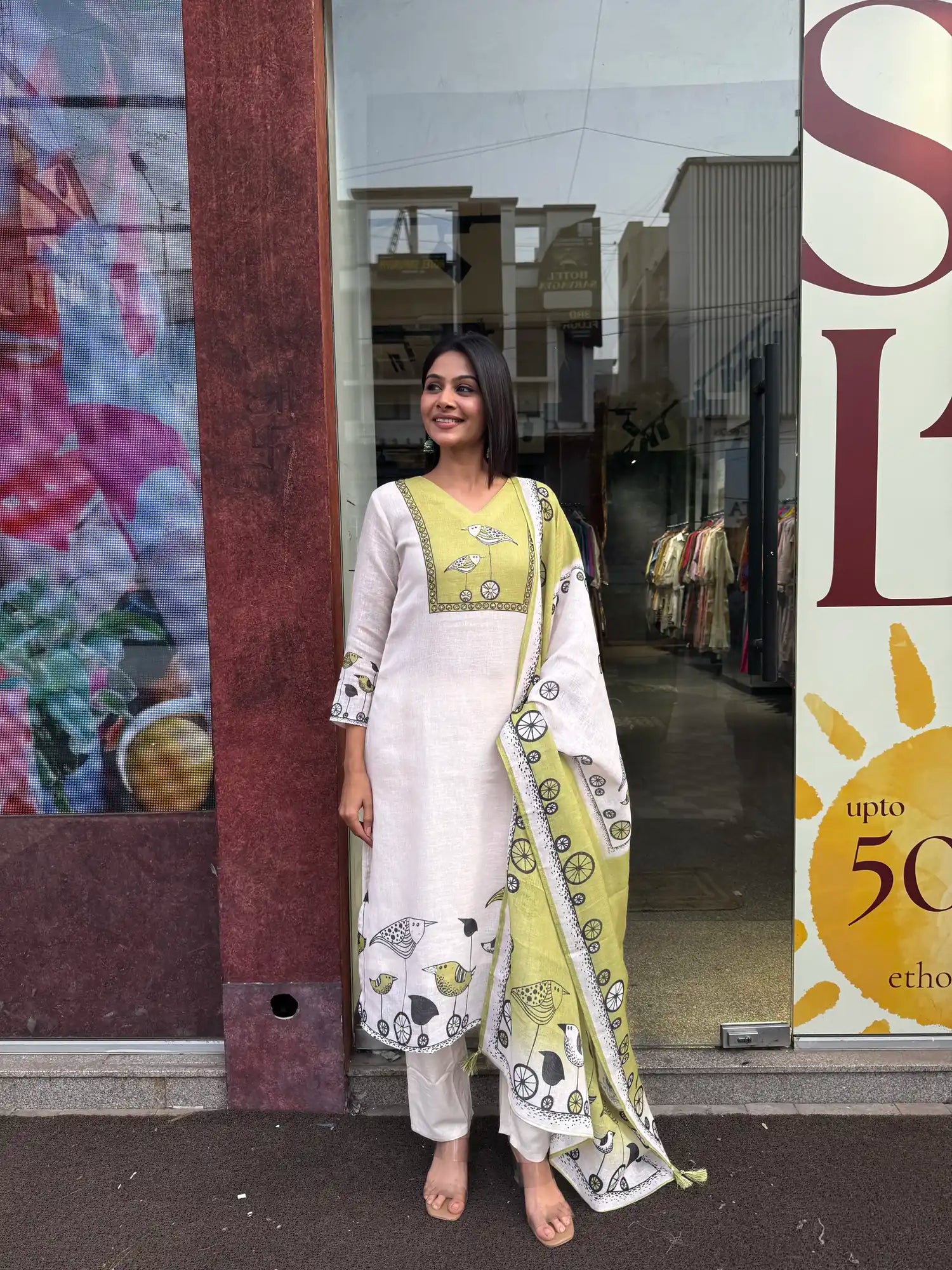 Back view — Off White Linen Kurta Set
