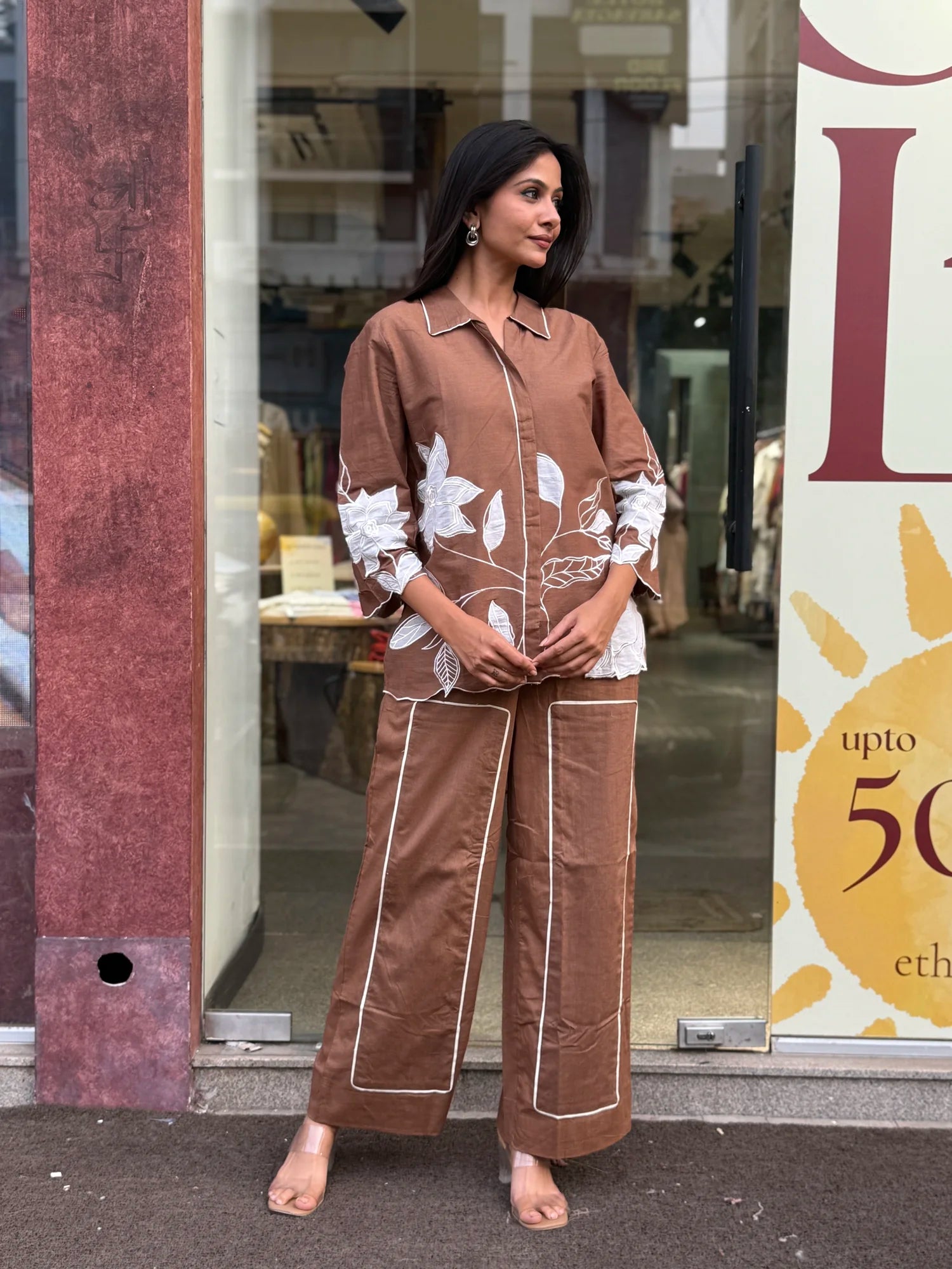 Brown Mul Chanderi Short Kurta Co-Ord Set for Women | Ethonique