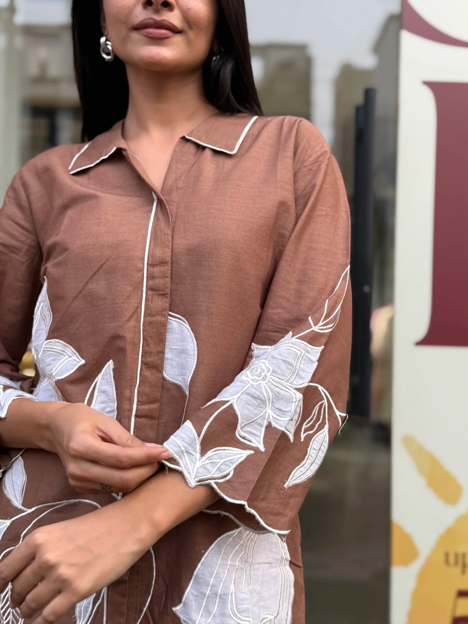 Full outfit view — Brown Mul Chanderi Short Kurta Co-Ord Set