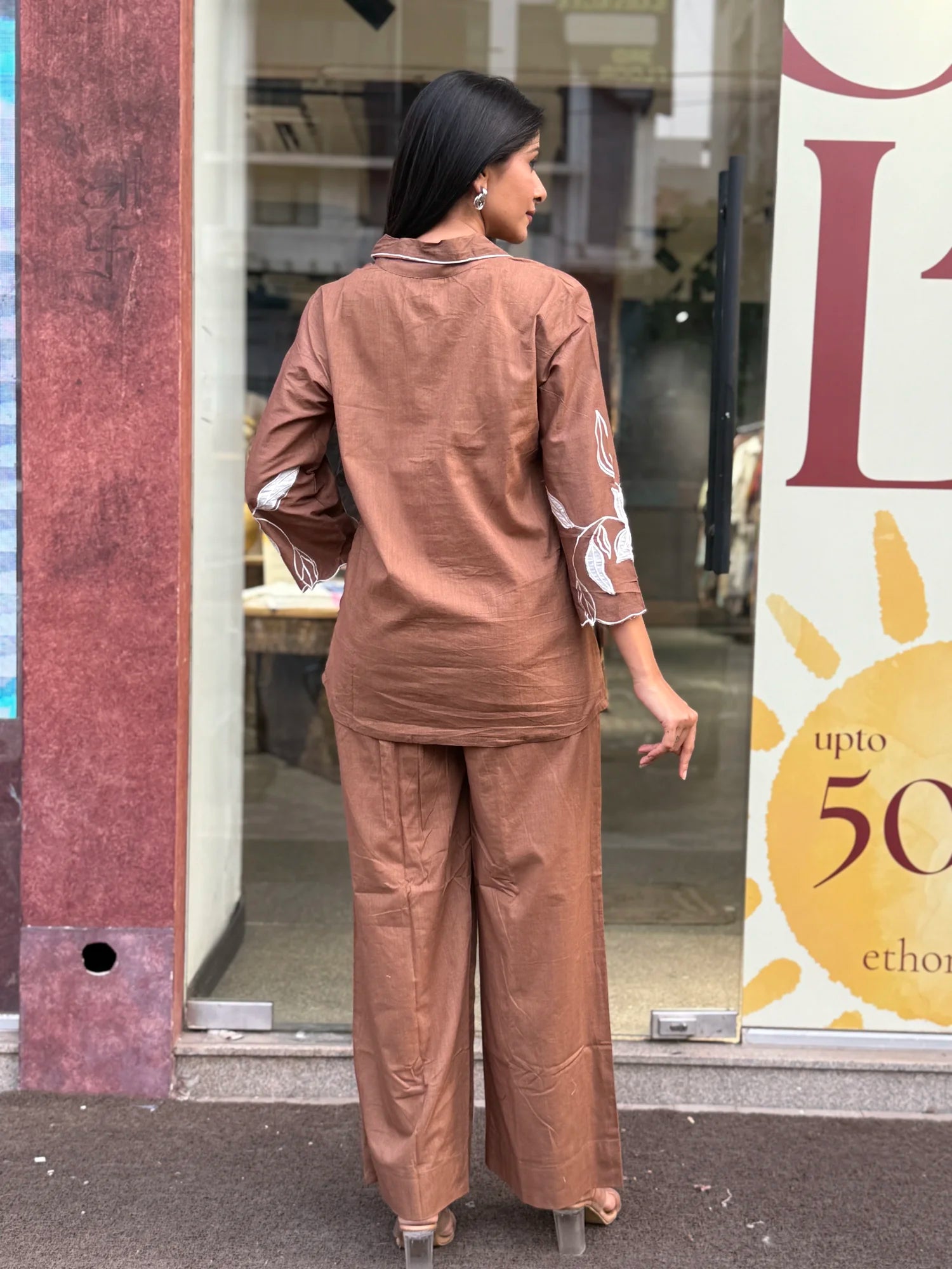 Side view — Brown Mul Chanderi Short Kurta Co-Ord Set