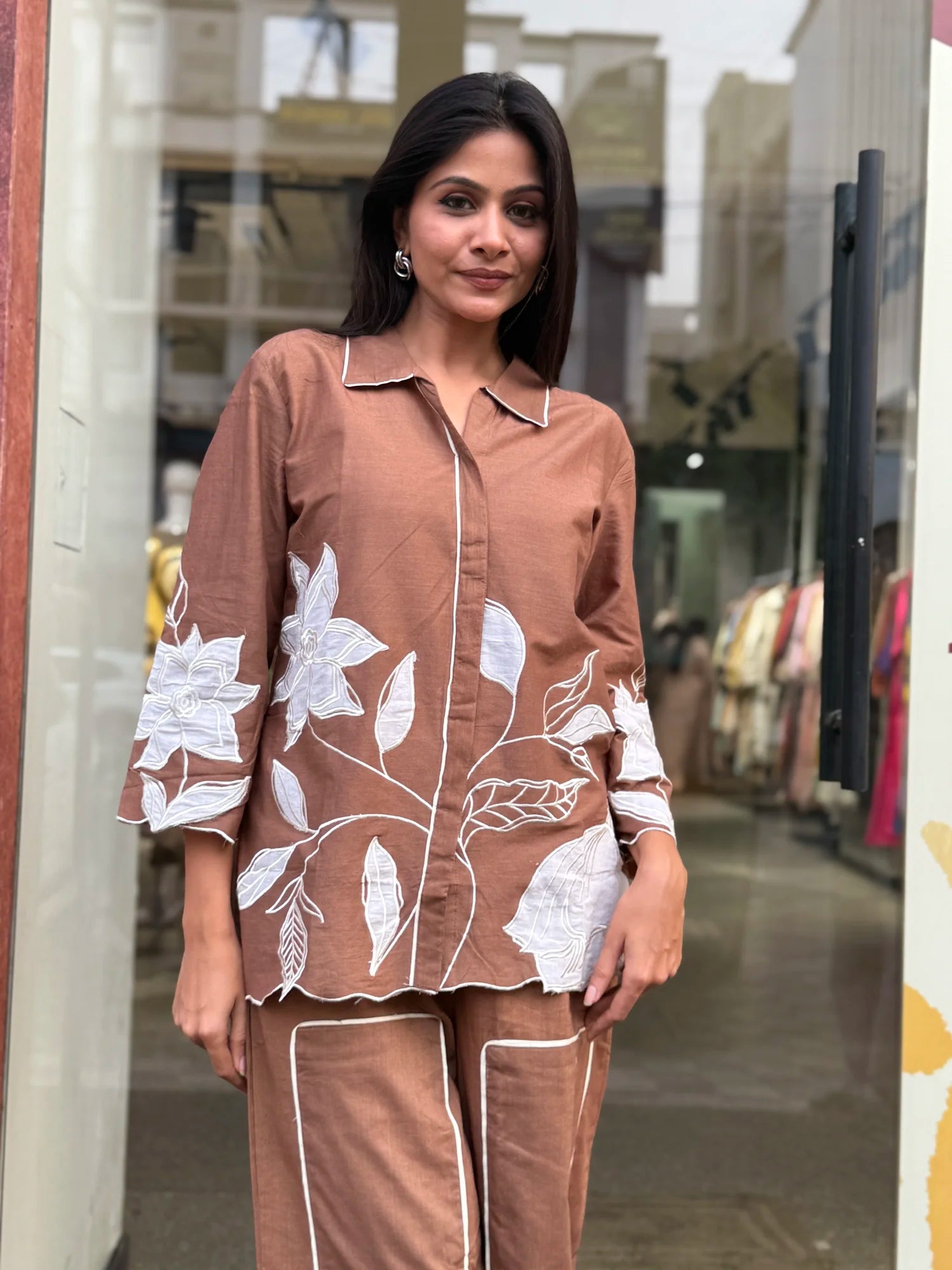 Detail view — Brown Mul Chanderi Short Kurta Co-Ord Set
