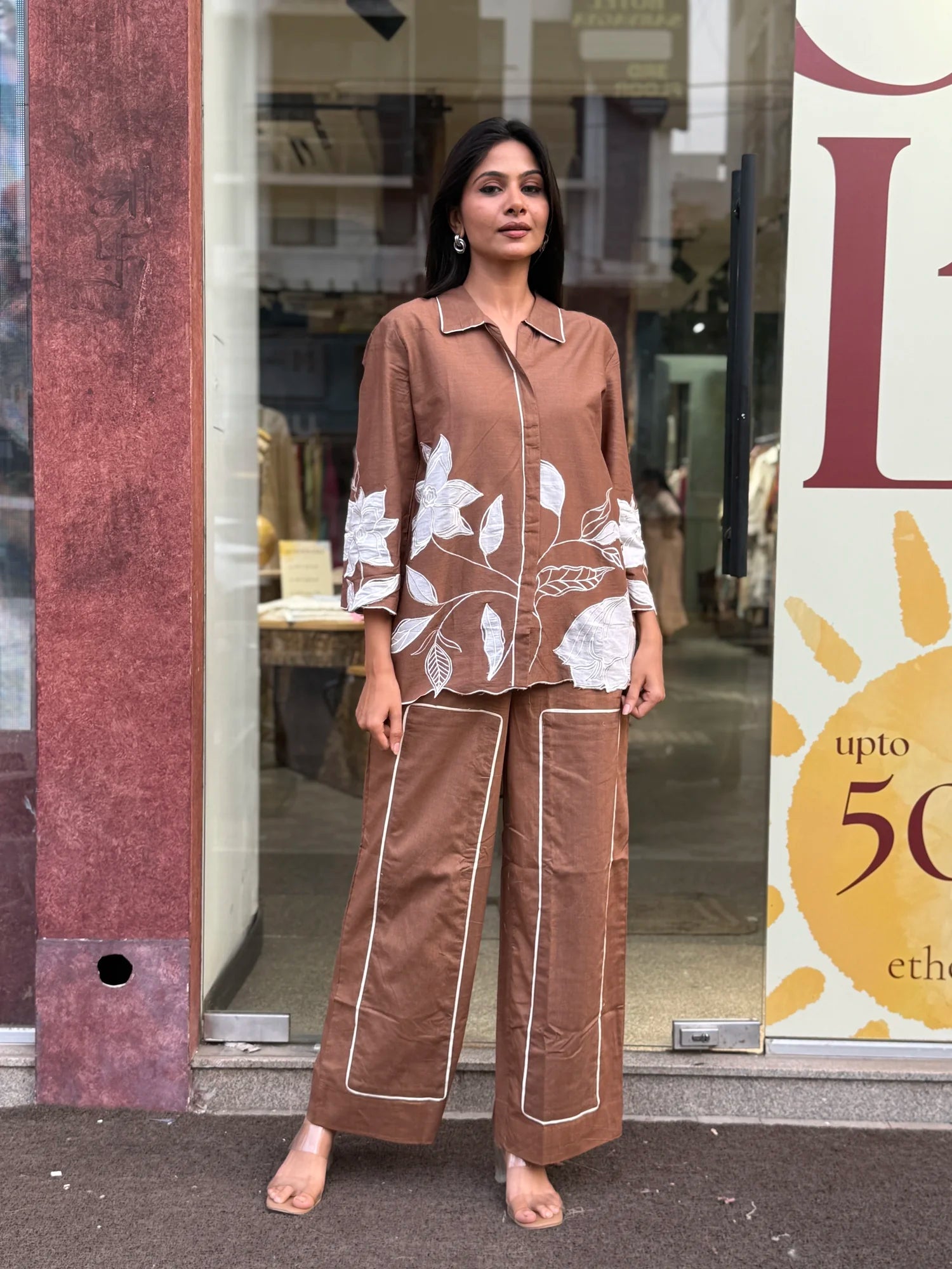 Back view — Brown Mul Chanderi Short Kurta Co-Ord Set
