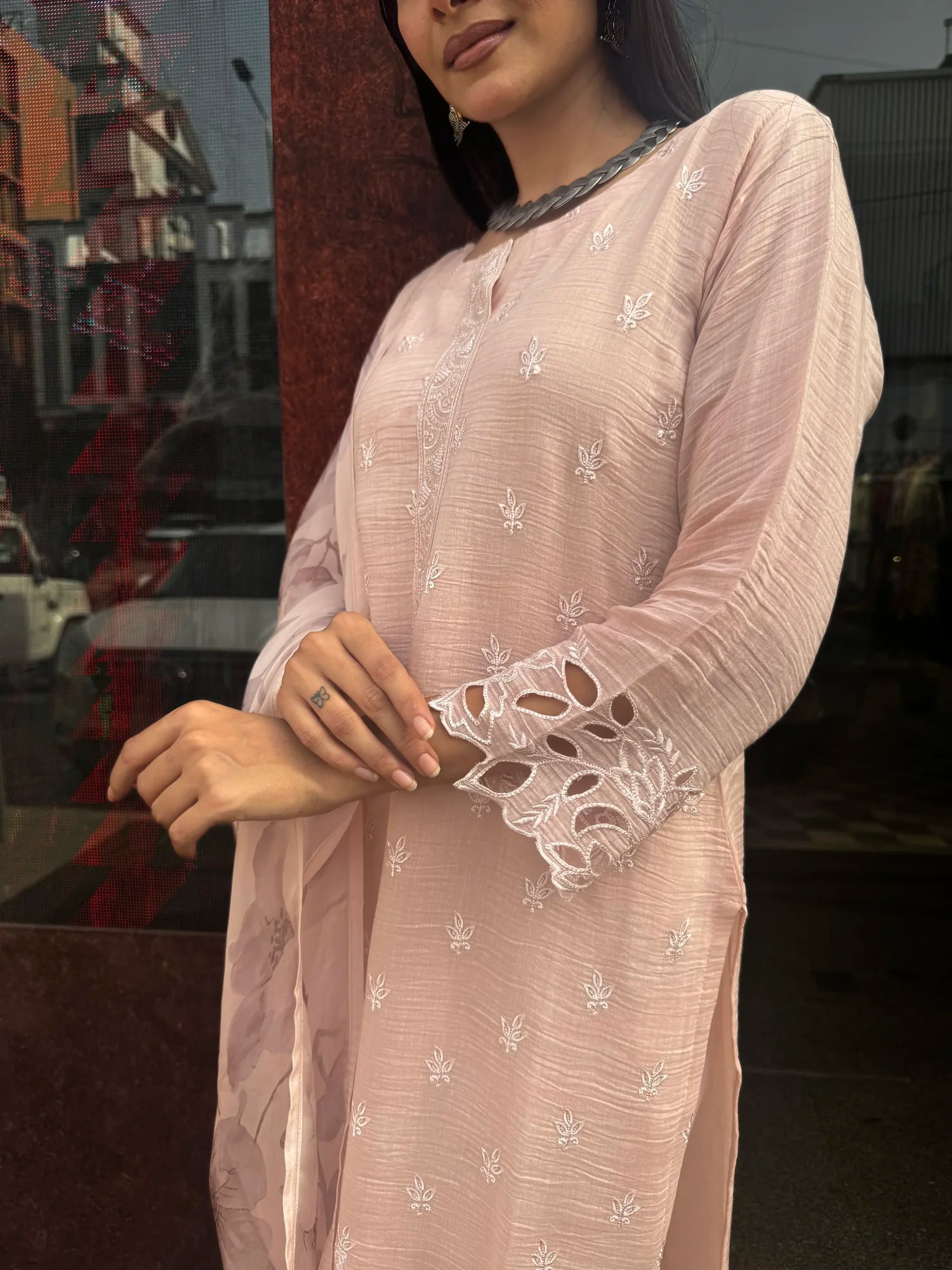 Full outfit view — Baby Pink Mul Chanderi Kurta Set
