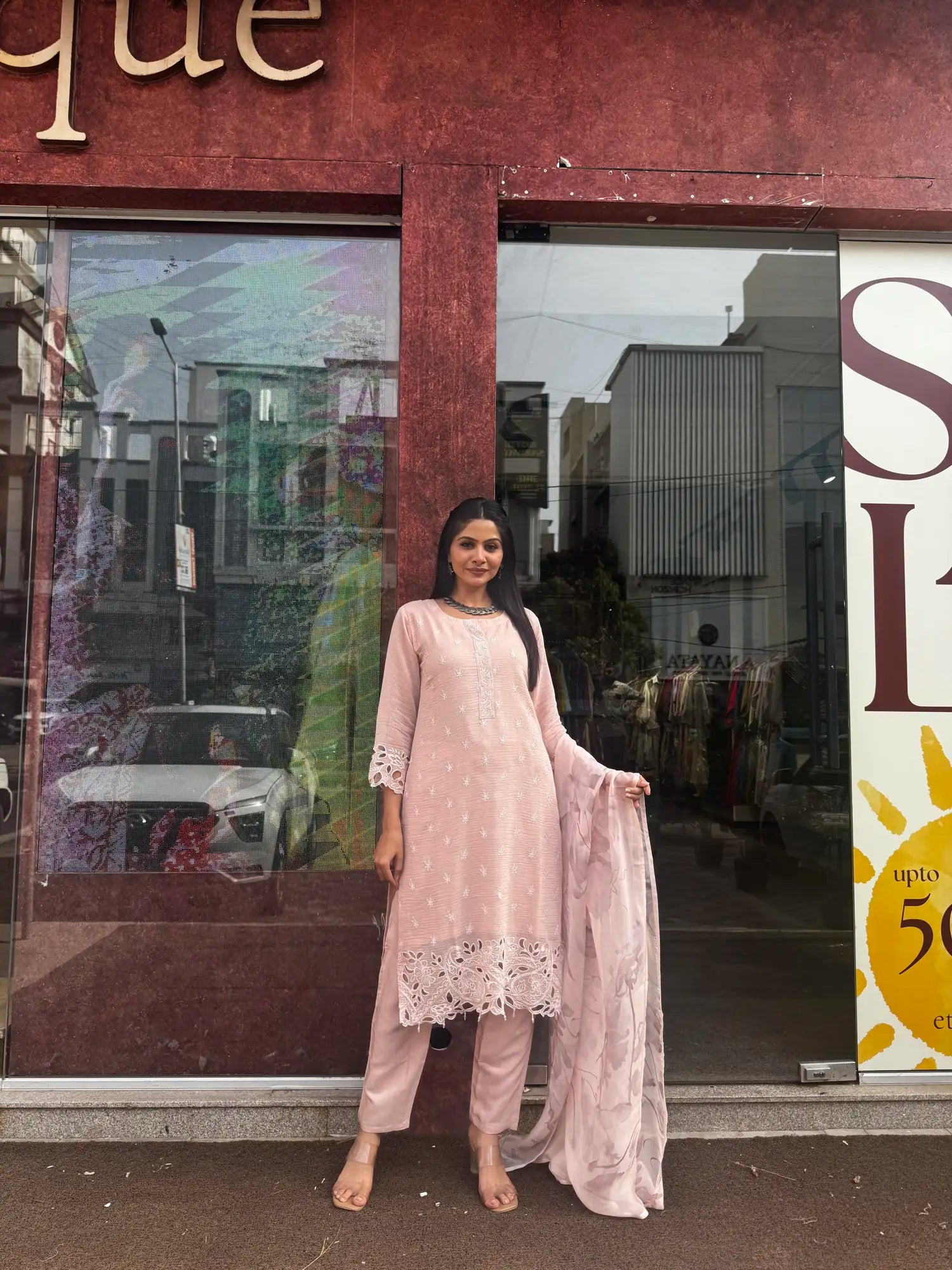 Back view — Baby Pink Mul Chanderi Kurta Set