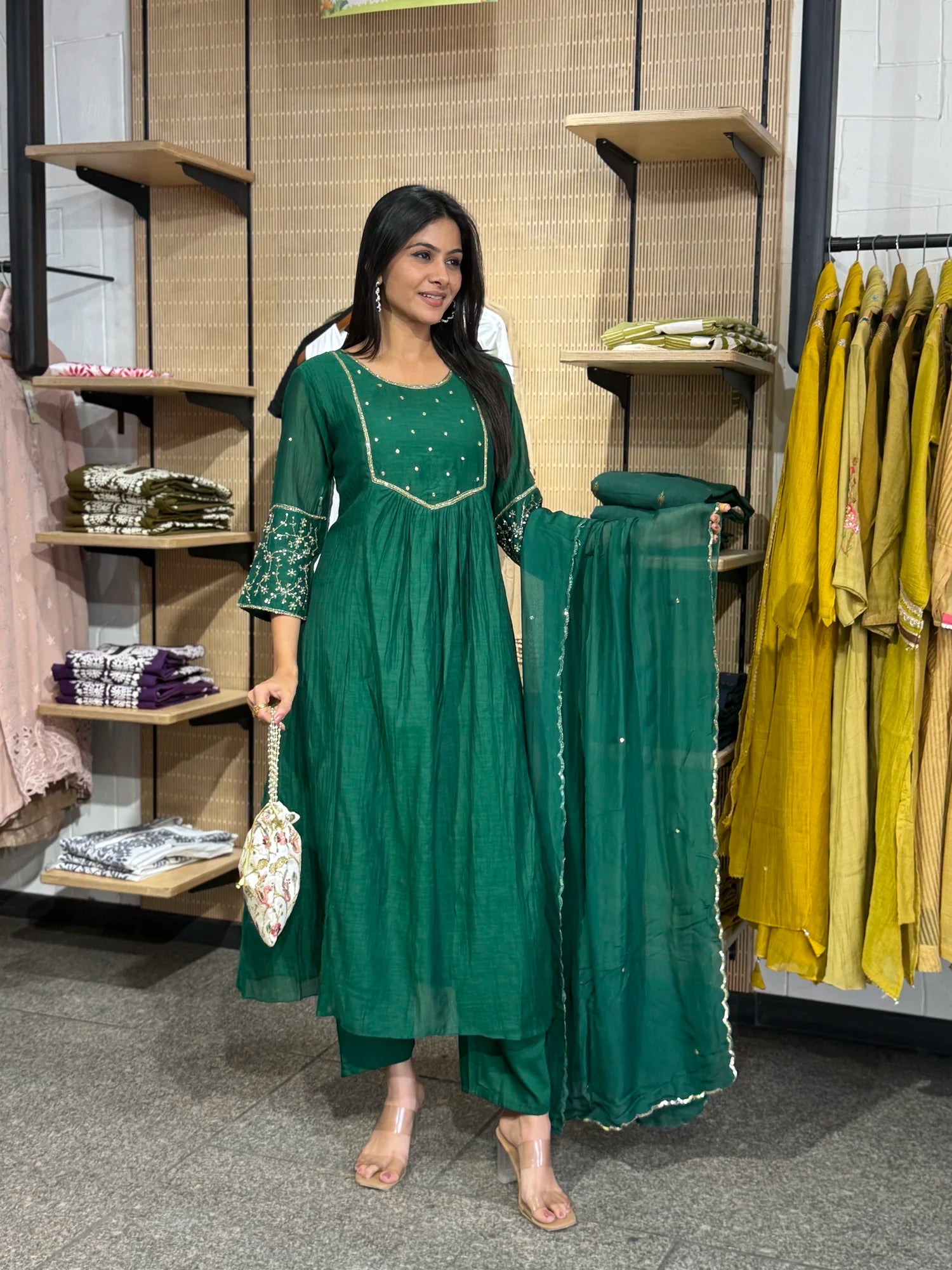 Emerald Green Tissue Kurta Set for Women | Ethonique