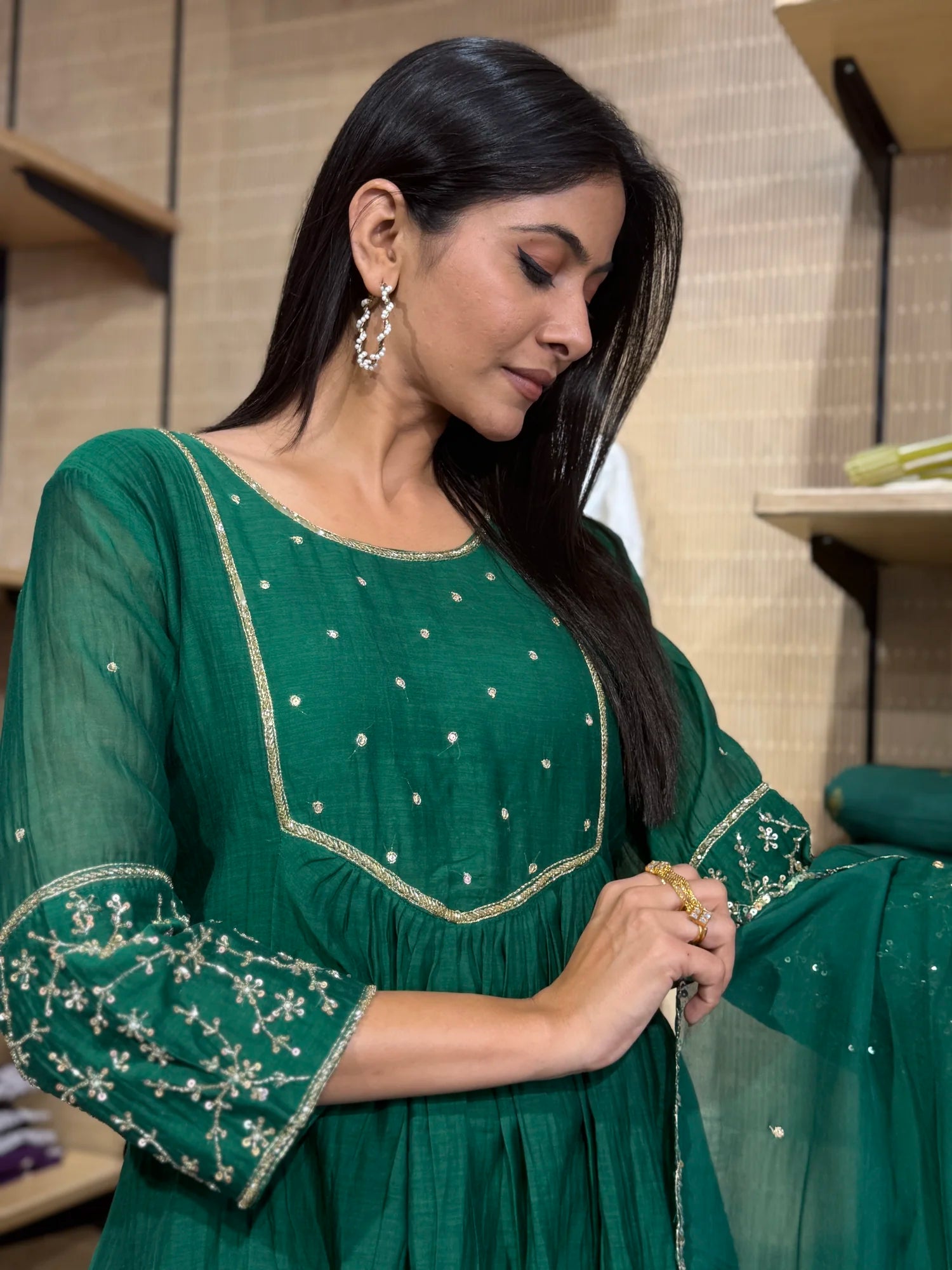Full outfit view — Emerald Green Tissue Kurta Set