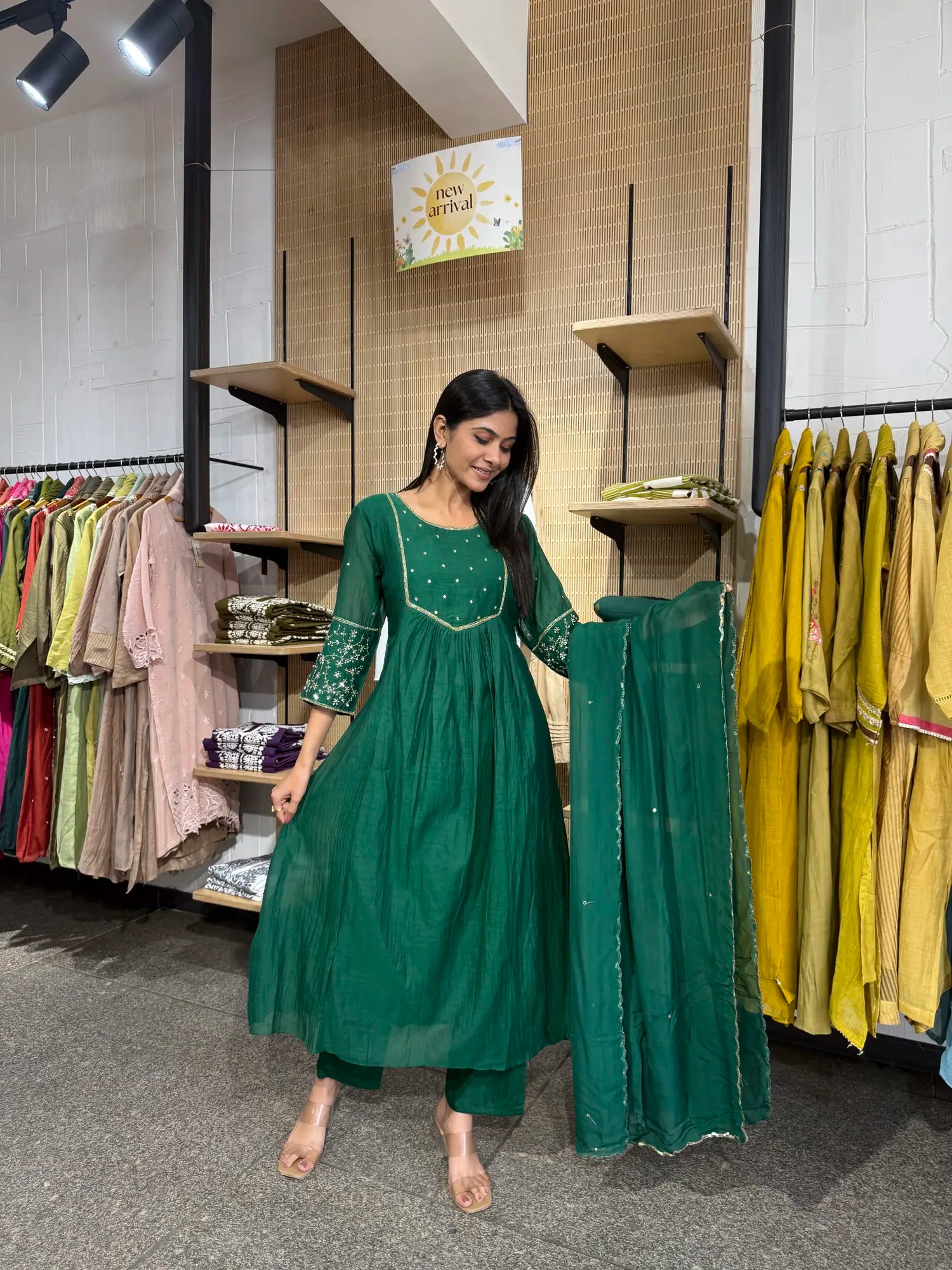 Back view — Emerald Green Tissue Kurta Set