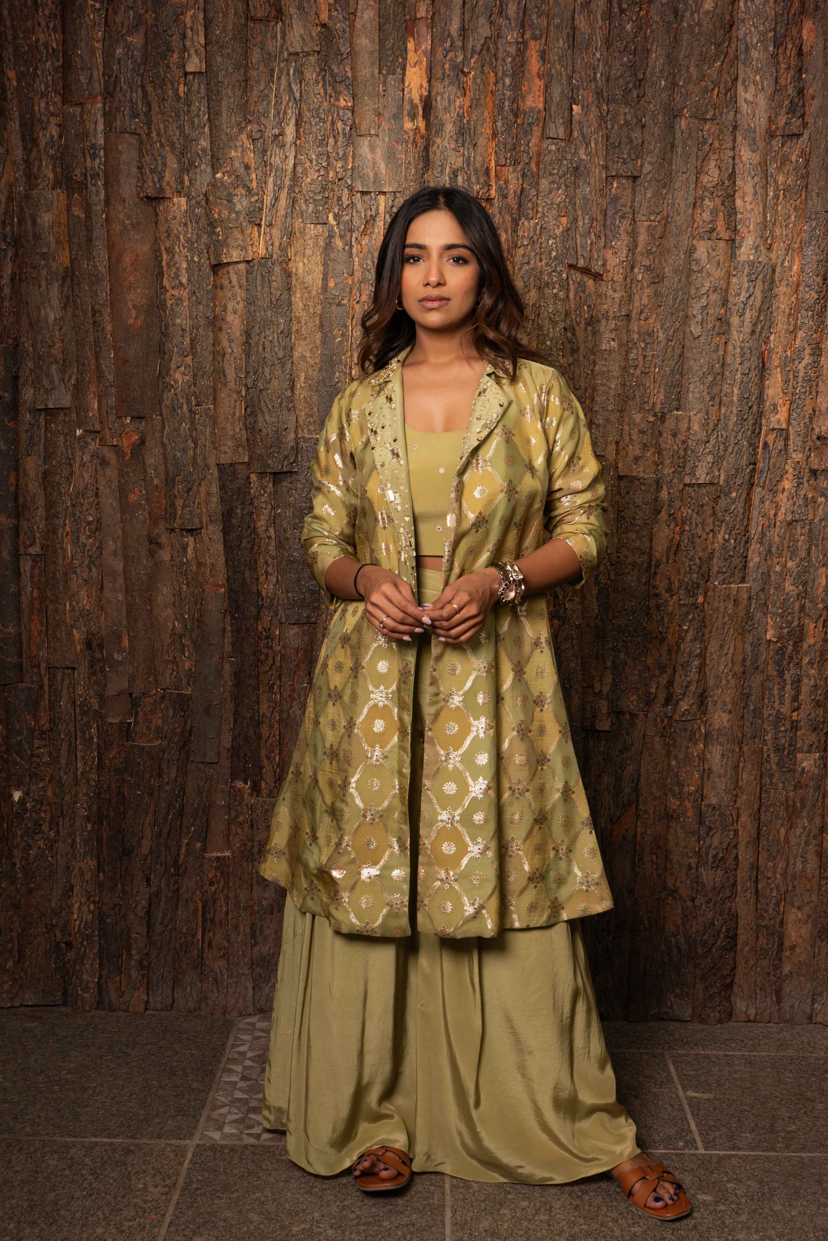 Green Organza Blazer Jacket Set | Indo-Western for Women