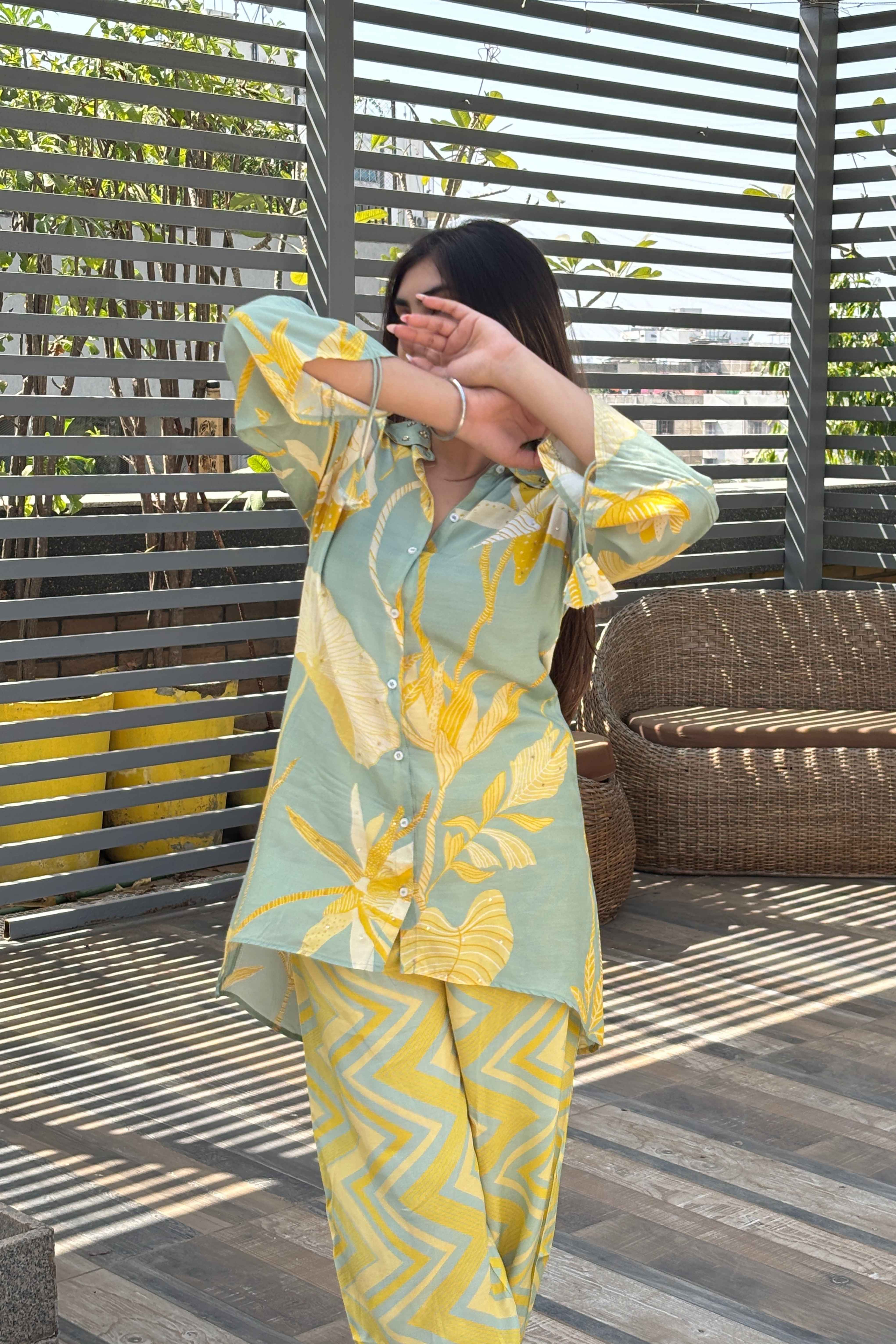 Green Summer Muslin Silk Floral Co ord set for Women