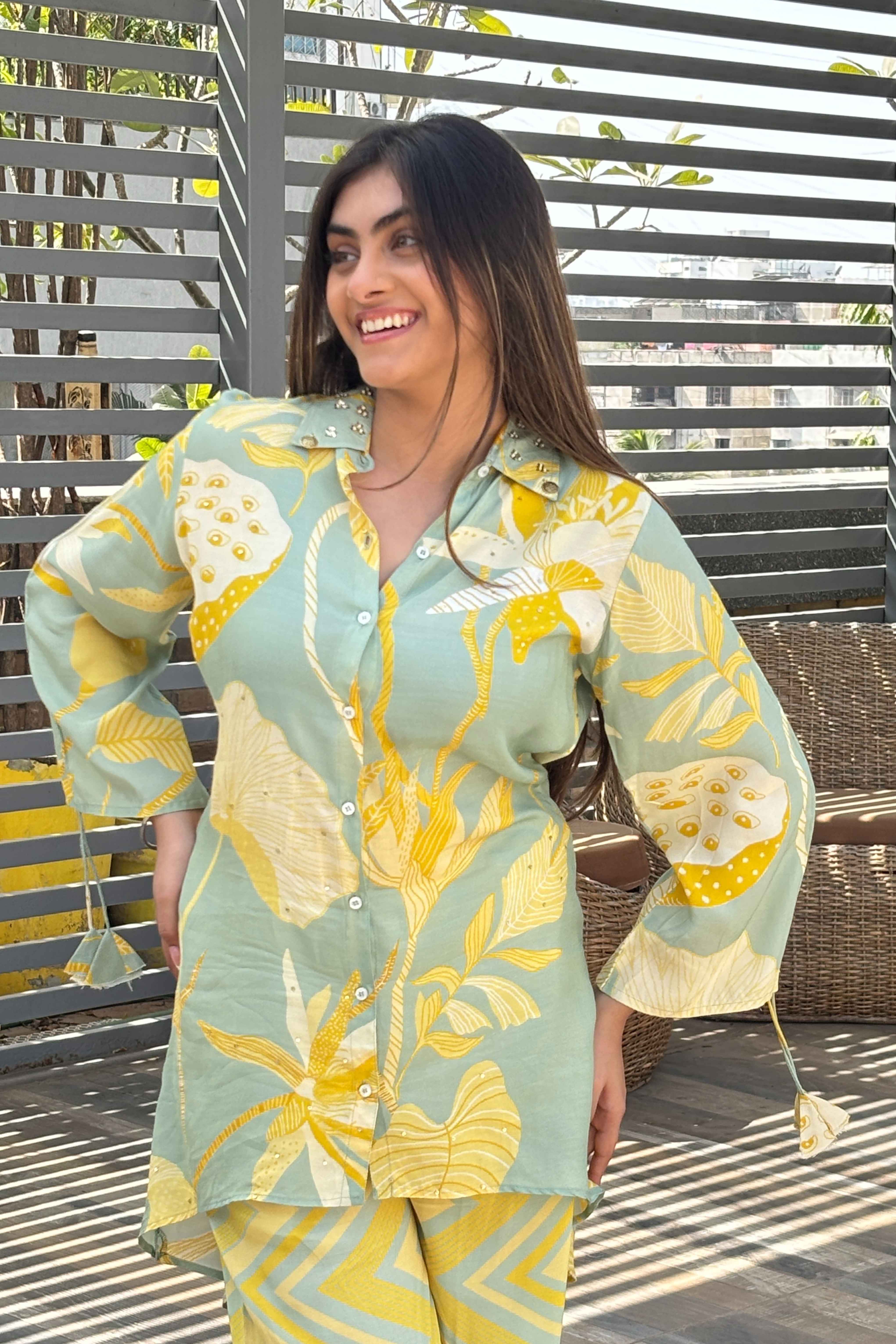 Green Summer Muslin Silk Floral Co ord set for Women