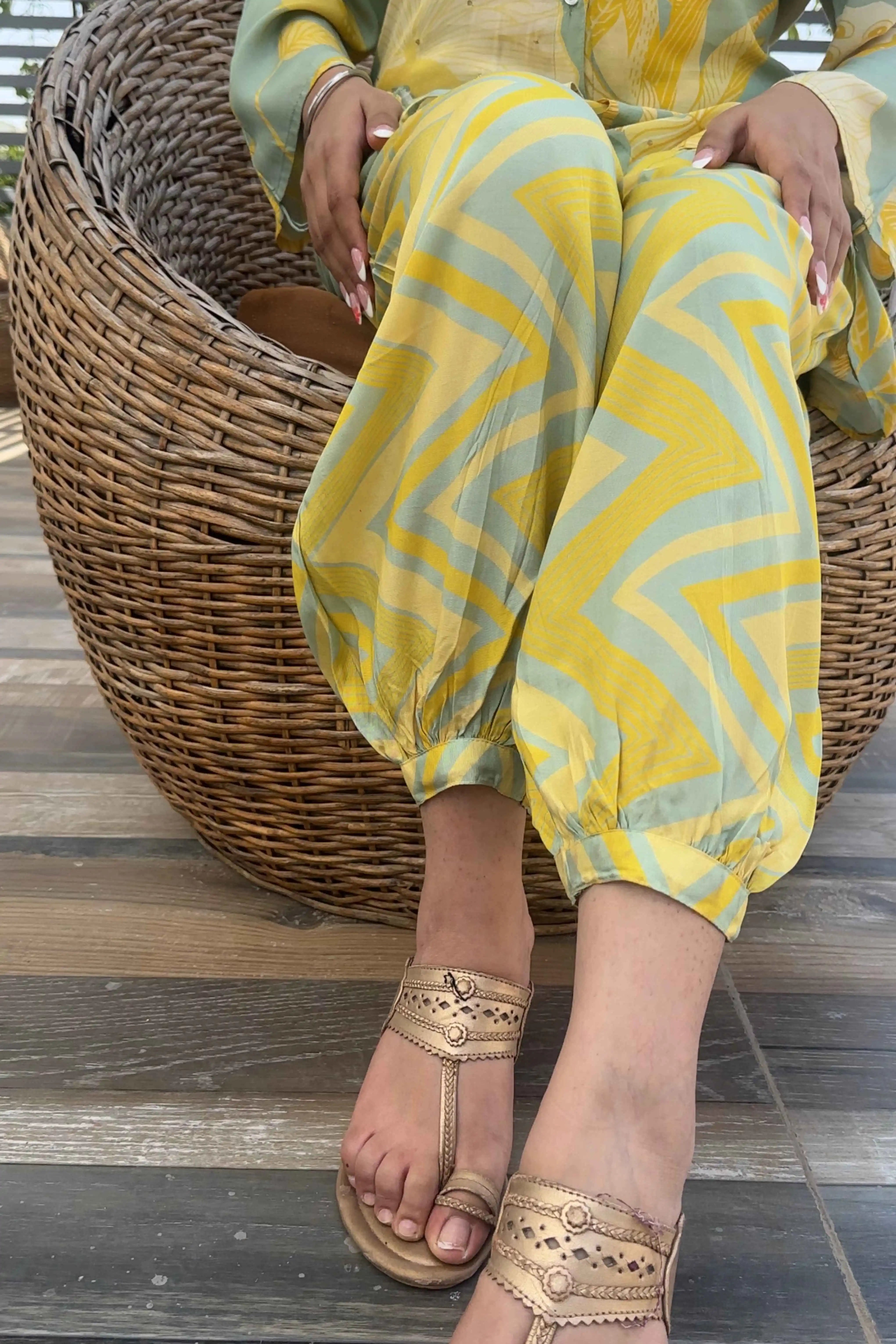 Fabric and fall detail in green co-ord set — Green Co-ord Set
