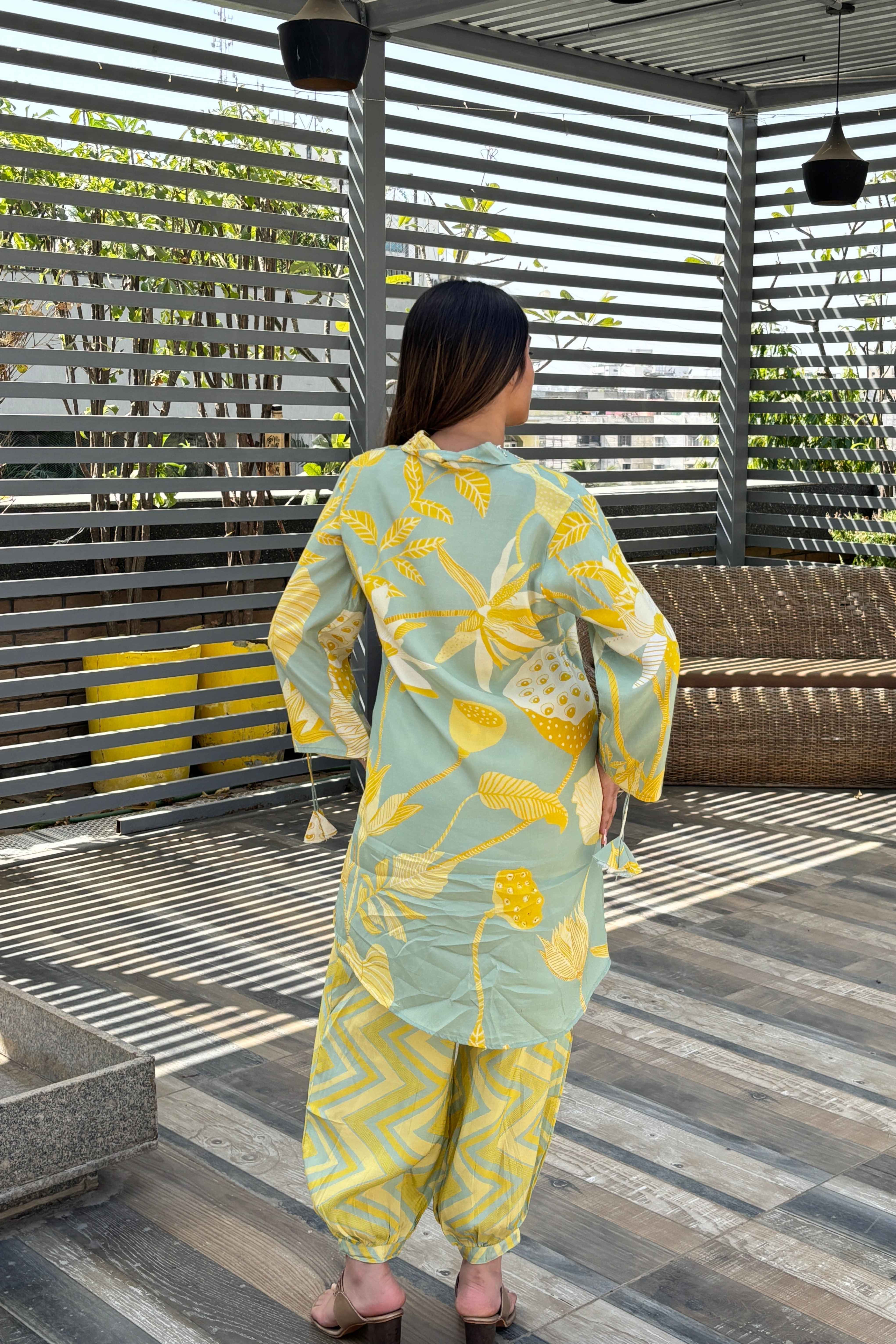 Green Summer Muslin Silk Floral Co ord set for Women