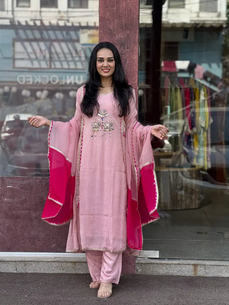Baby Pink Tissue Kurta Set for Women | Ethonique