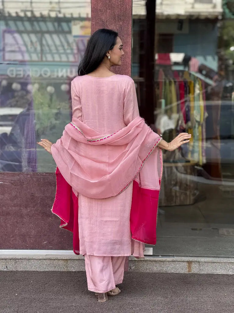 Fabric and fall detail in baby pink kurta set — Baby Pink Kurta Set