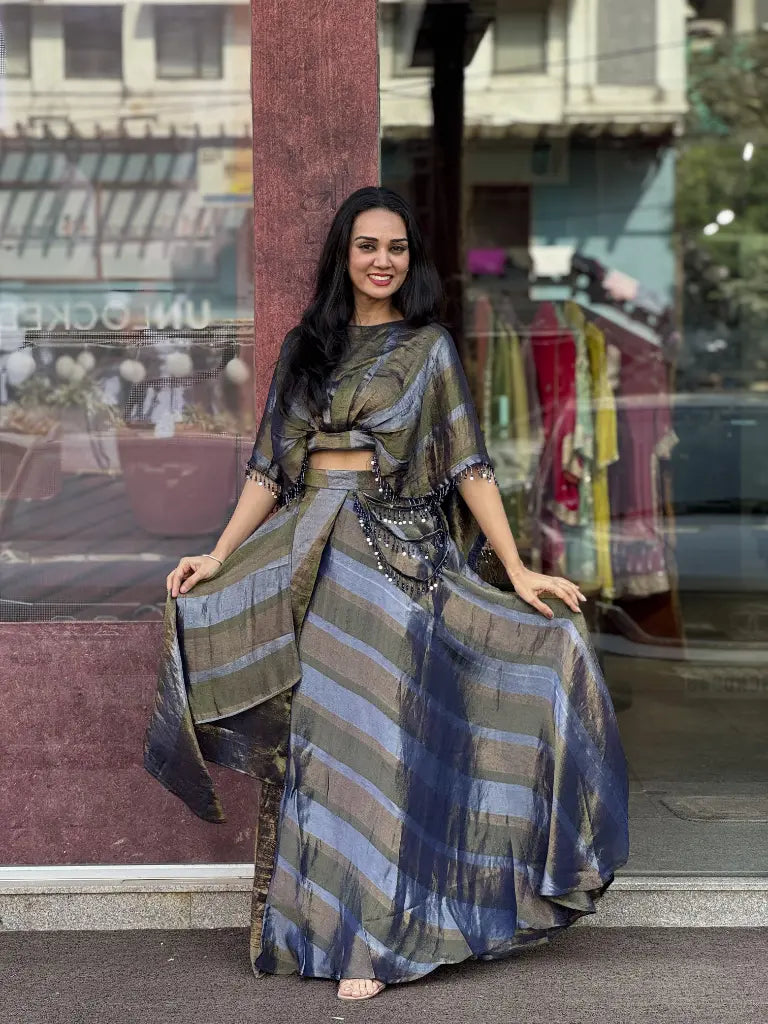 Navy Blue Tissue Indo Western Dress for Women | Ethonique