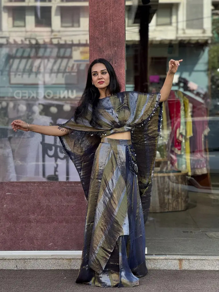 Side drape and silhouette of navy blue indo western dress — Navy Blue Indo Western Dress