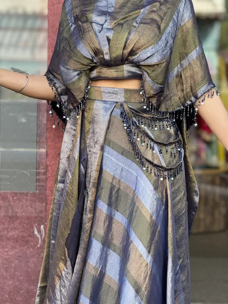 Fabric and fall detail in navy blue indo western dress — Navy Blue Indo Western Dress