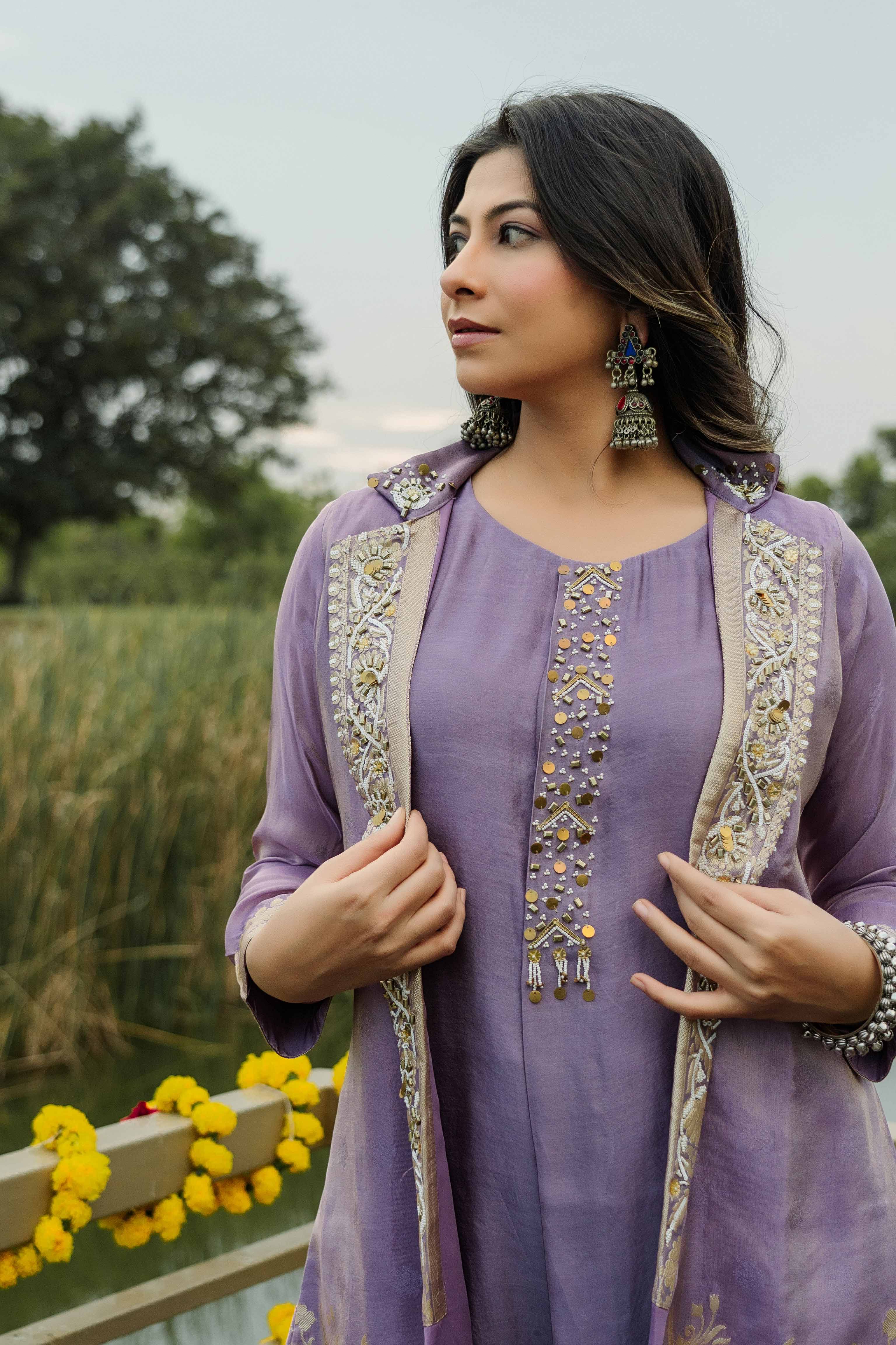 Lavender Tissue Blazer Jacket Set | Indo-Western for Women