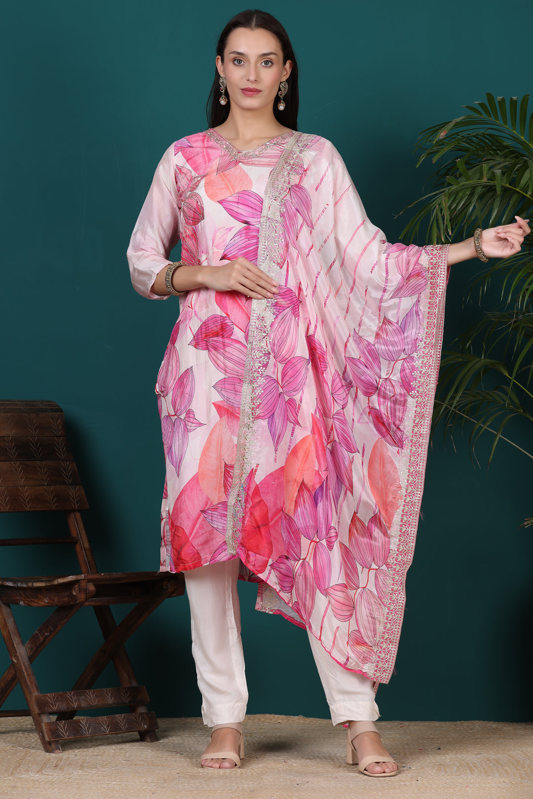Light Pink floral Kurti Pant set with Dupatta