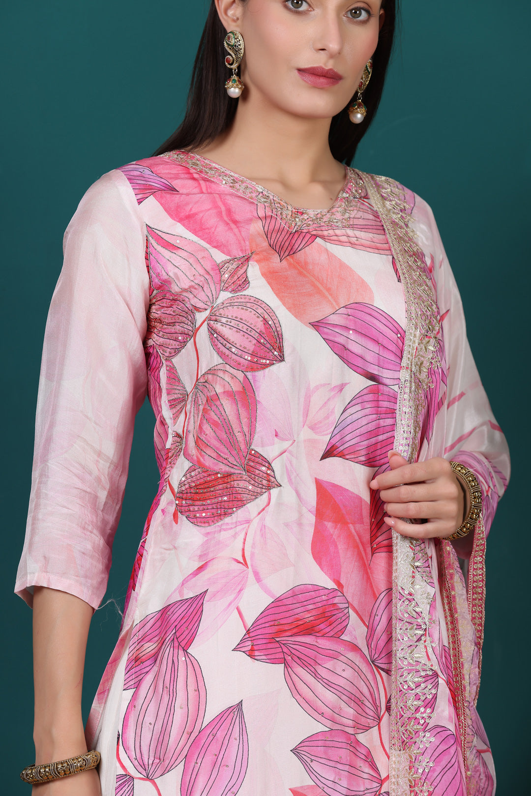 Light Pink floral Kurti Pant set with Dupatta