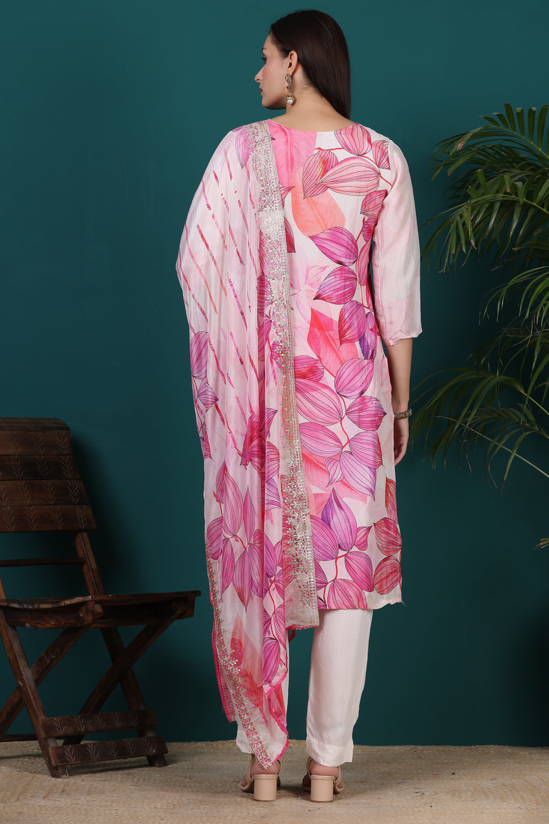 Light Pink floral Kurti Pant set with Dupatta