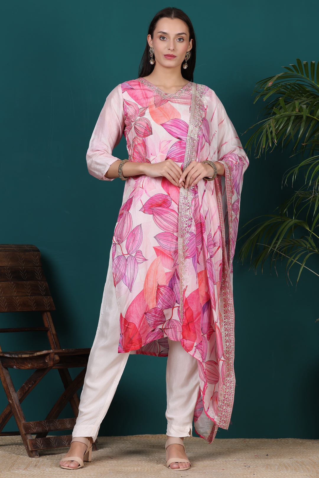Light Pink floral Kurti Pant set with Dupatta