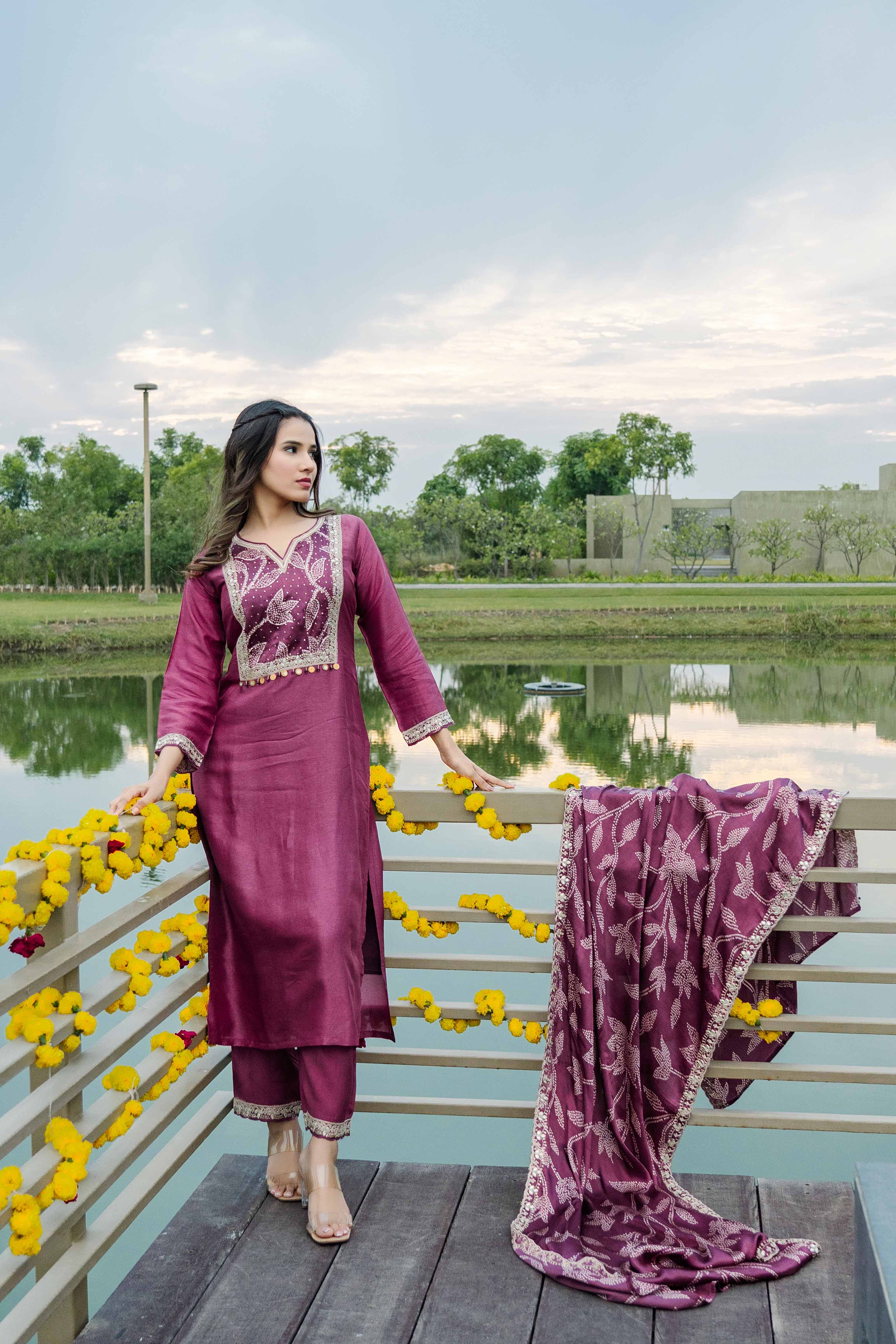 Maroon Gajji Silk Straight Fit Kurti Set with Dupatta
